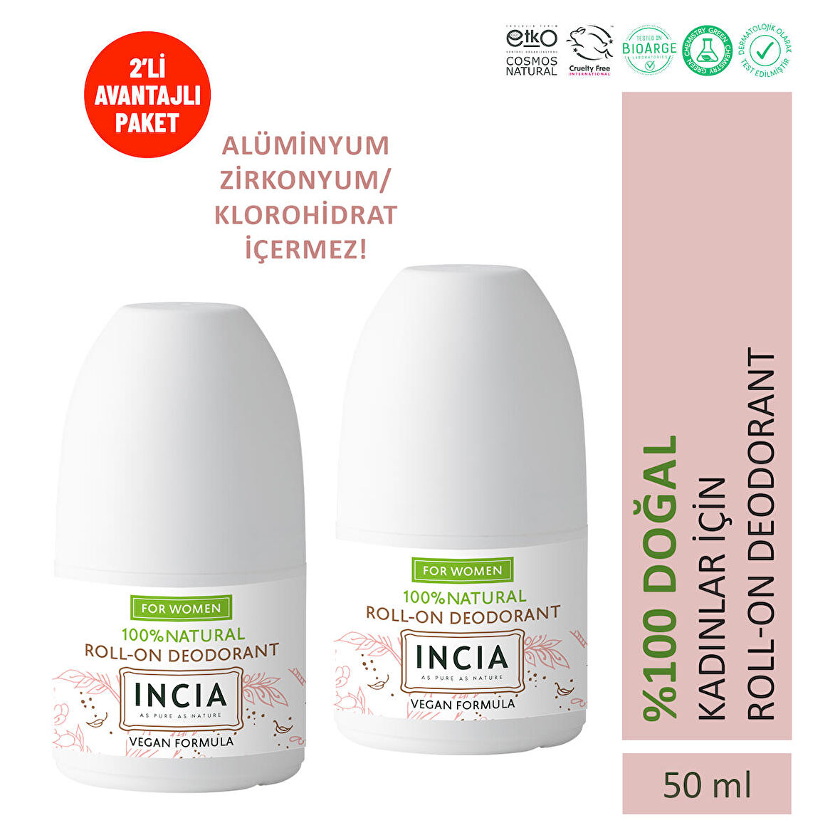 INCIA %100 Doğal Roll On Deodorant Kadınlar İçin Ter Kokusu Önleyici Lekesiz 50 ml X 2 Adet