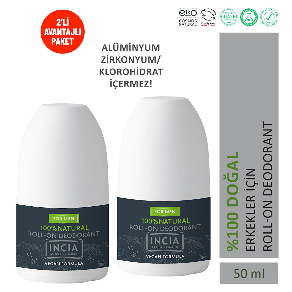 INCIA %100 Doğal Roll On Deodorant Erkeler İçin Ter Kokusu Önleyici Lekesiz 50 ml X 2 Adet