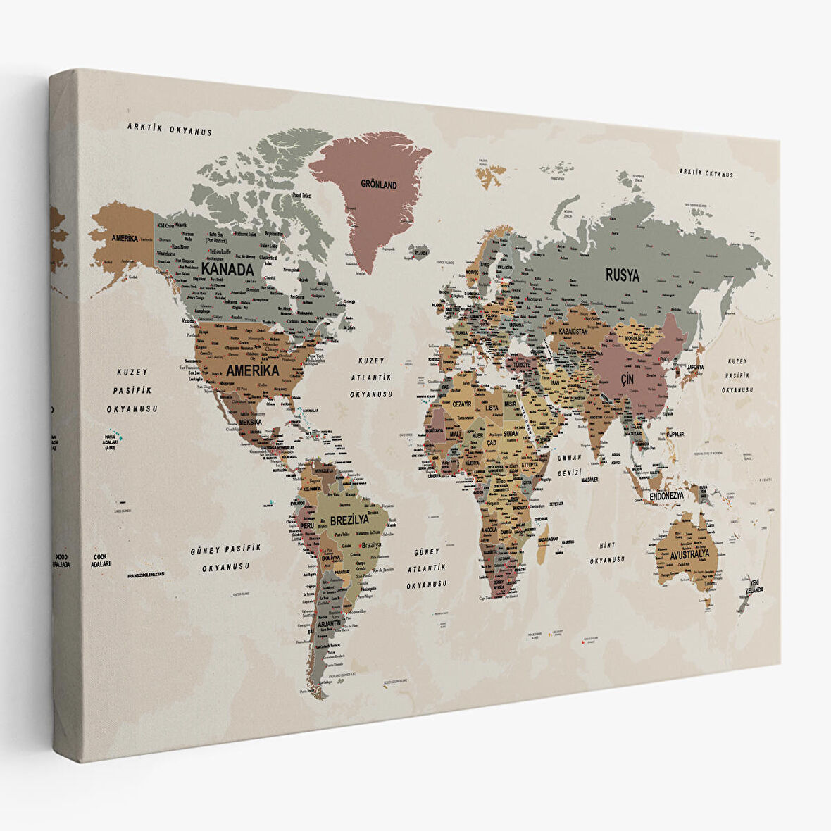 Harita Sepeti Türkçe Dünya Haritası Ayrıntılı Eğitici-Öğretici Okyanuslu Dekoratif Kanvas Tablo 2550