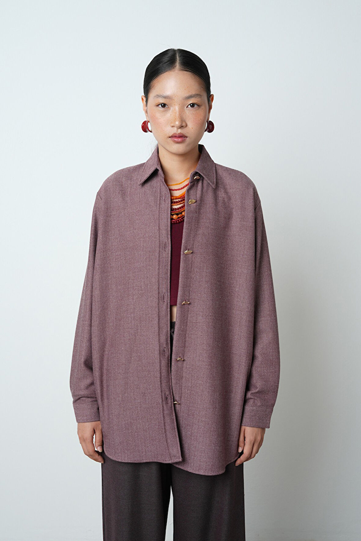 Kadın Bordo Renk Düz Altın Düğme Detaylı Oversize Tesettür Gömlek