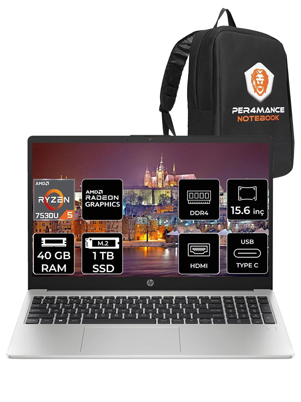 HP 255 G10 Ryzen 5 7530U 40GB RAM 1TB SSD 15.6'' FHD FDOS 8A547EA & PER4 ÇANTA
