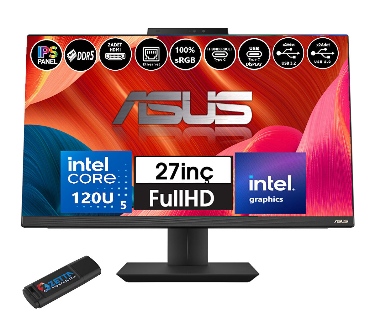 Asus A5702WVARK Intel Ultra 5 120U 64GB Ddr5 512GB SSD Fhd 27" IPS WINDOWS11PRO All In One Bilgisayar WI58512B0DW17+ZETTAUSBBELLEK