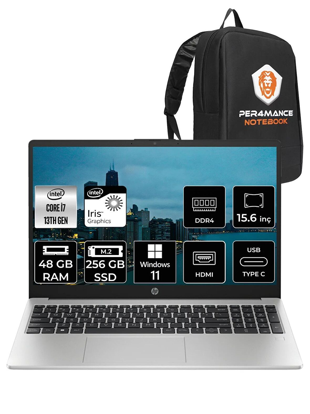 HP 250 G10 Intel Core i7 1355U 48GB RAM 256GB SSD 15.6'' FHD W11PRO 8A541EA & PER4 ÇANTA