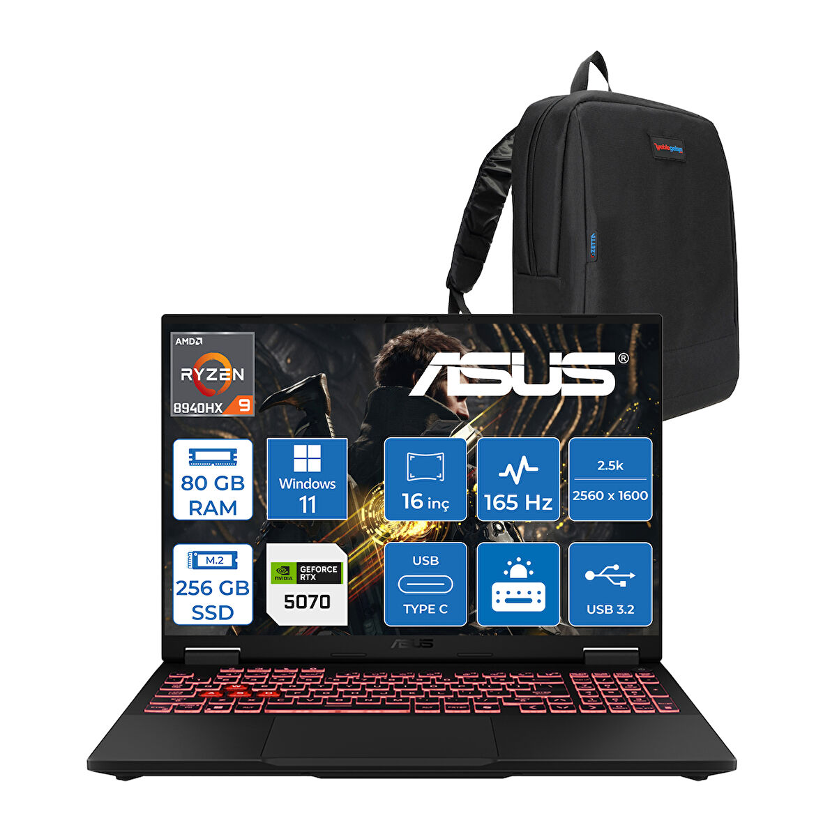 Asus Tuf Gaming A16 FA608PP Amd Ryzen 9 8940HX Aı 80GB Ddr5 256GB SSD 8GB/RTX5070 115W 165Hz 16"wqxga 2.5k 400NITS IPS Windows 11 Pro Gaming Bilg. WQT060P21+ZETTAÇANTA