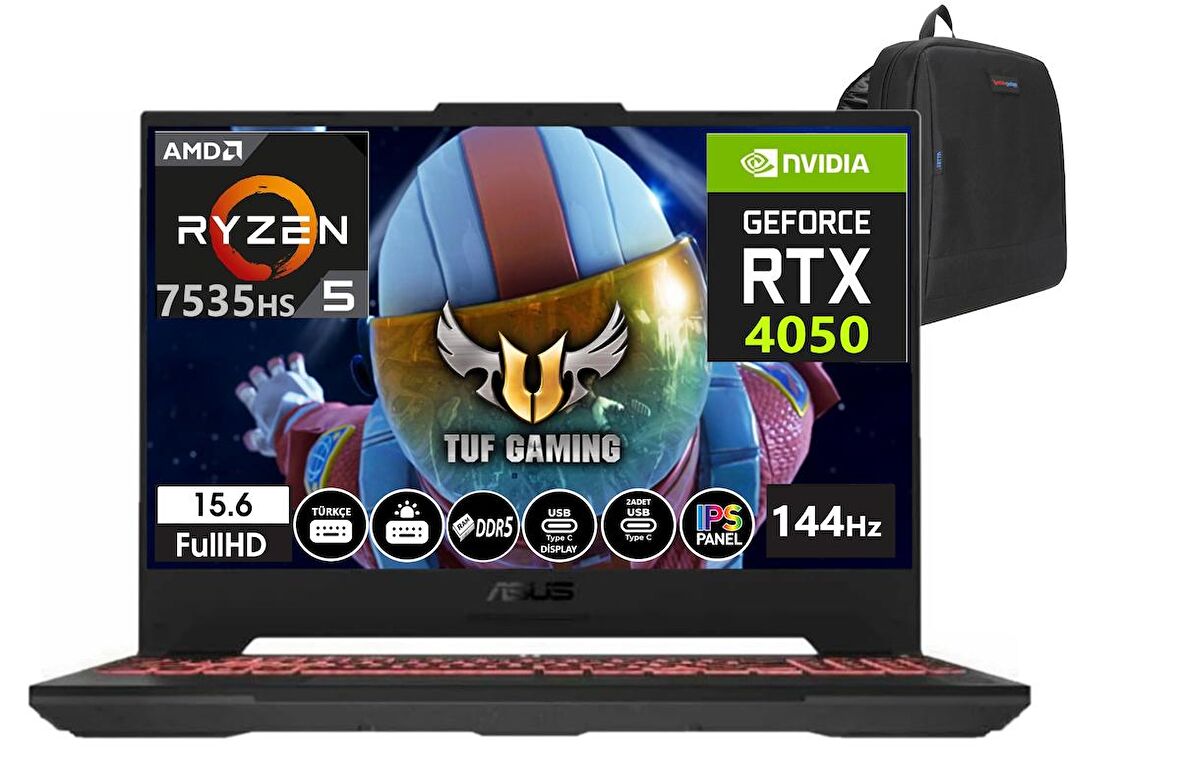 Asus TUF Gaming A15 FA507NU-LP140 Amd Ryzen 5 7535HS 16GB DDR5 2TB SSD 15.6 inç FHD 144Hz 6GB RTX4050 140w Freedos Taşınabilir Bilgisayar FA507NU-LP14003+WeblegelsinÇanta