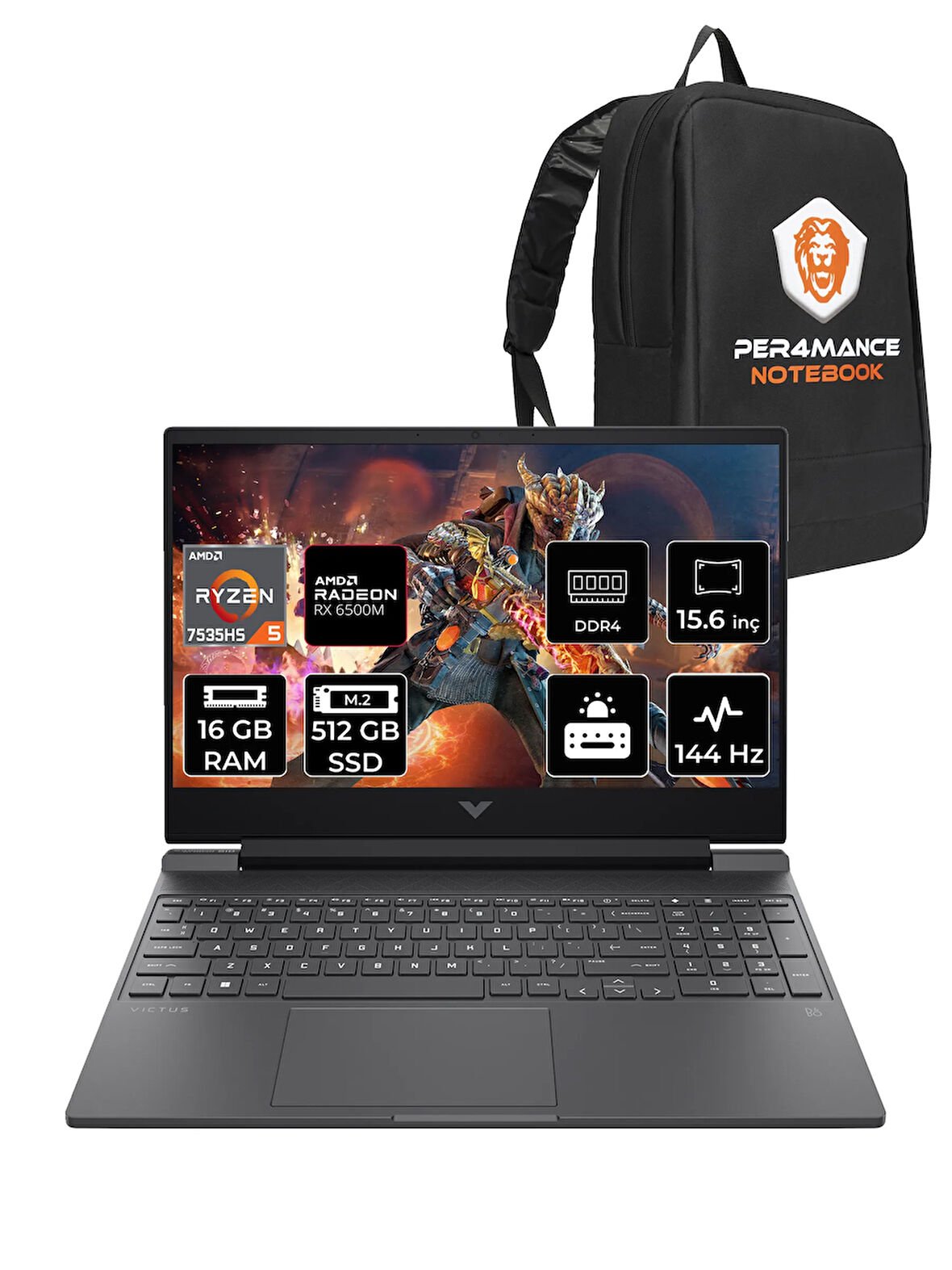 HP Victus 15 R5 7535HS 16GB 512GB SSD RX6550M/4GB 144Hz 15.6'' FHD FDOS Gaming Laptop & PER4 ÇANTA