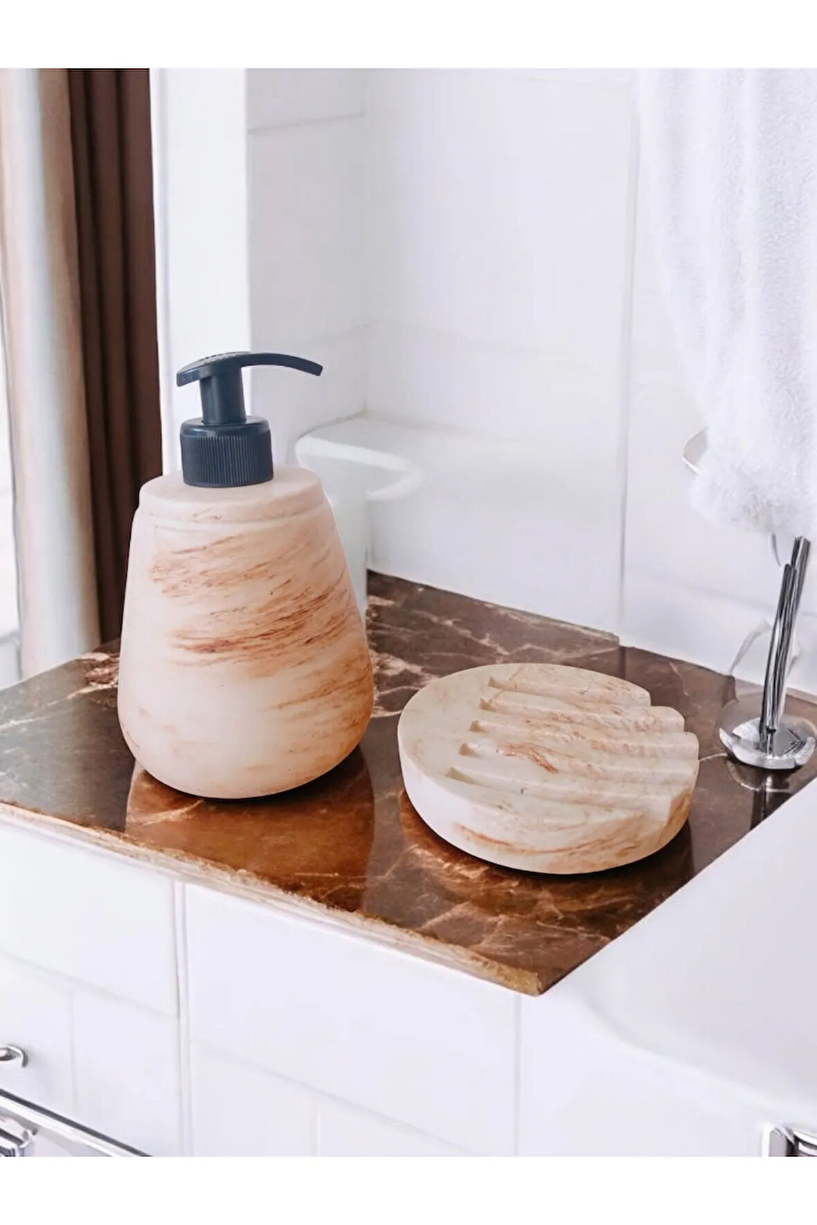 Marble Bej Serisi  Sıvı ve Katı Sabunluk Seti