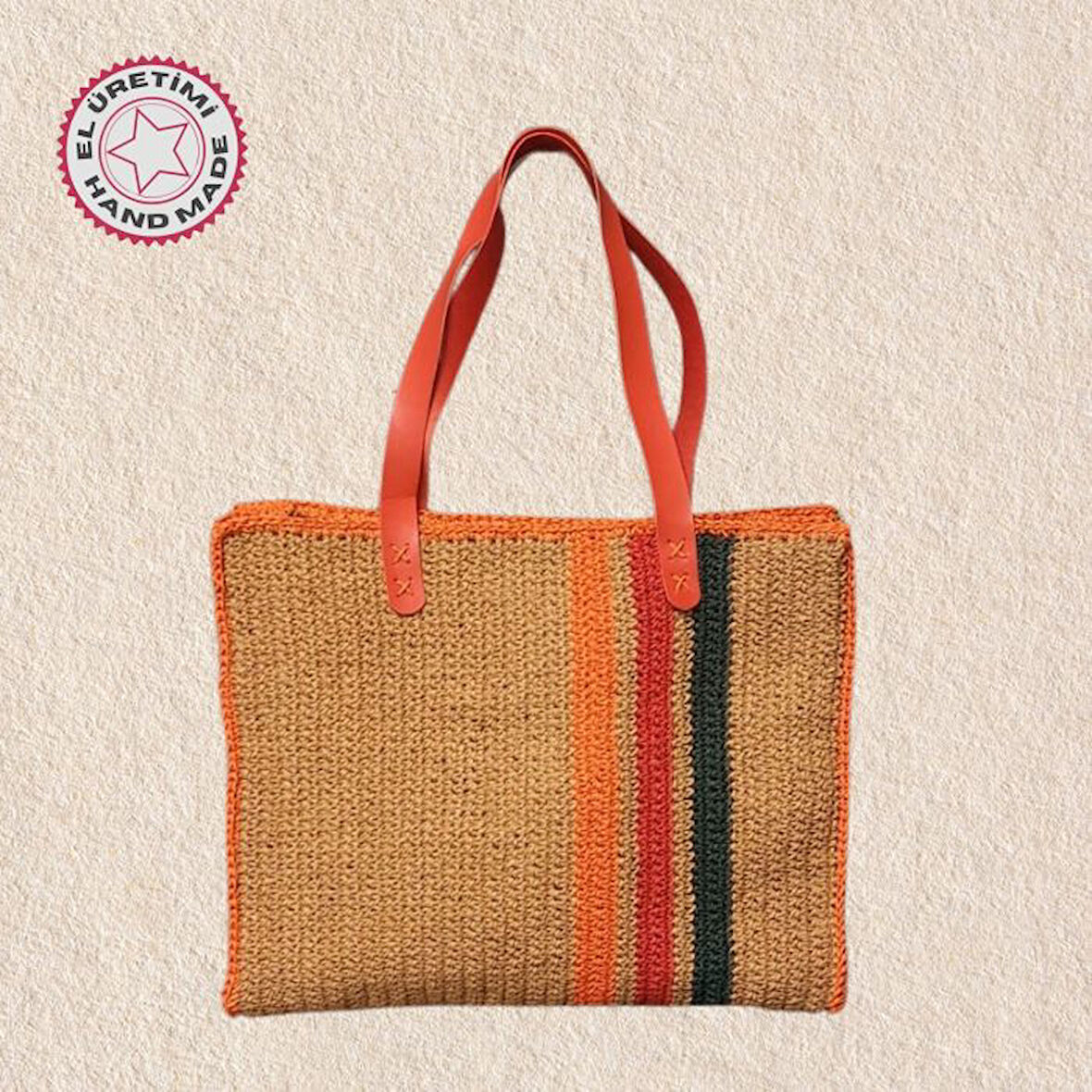 Uretti - Hüsniye 8494 9675 El Örgüsü Üç Renk Şerit Model Kağıt İp Kadın Omuz Çantası