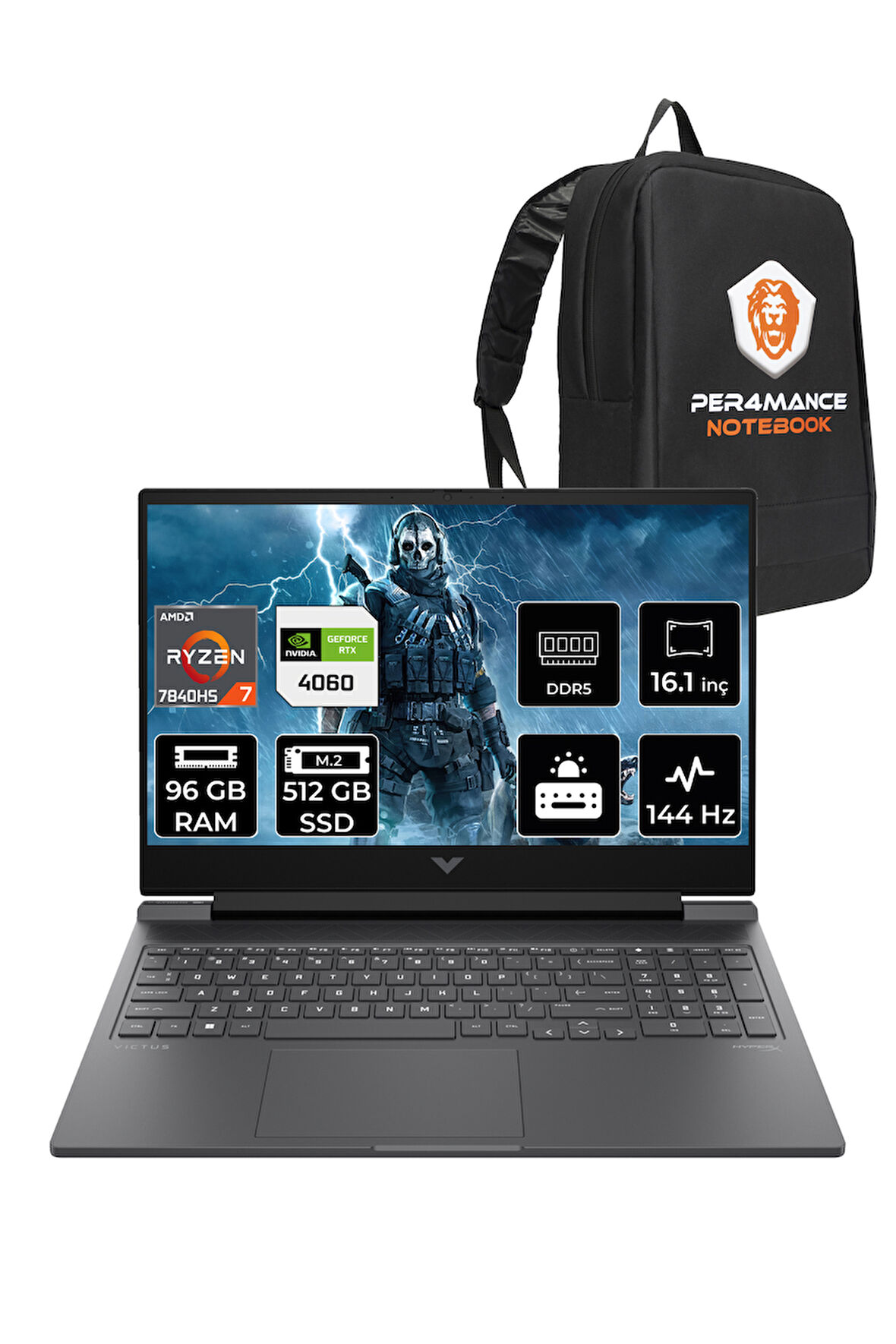 HP Victus 16 R7 7840HS 96GB RAM 512GB SSD RTX4060/8GB 165Hz 16.1'' FHD FDOS Gaming Laptop & PER4 ÇANTA