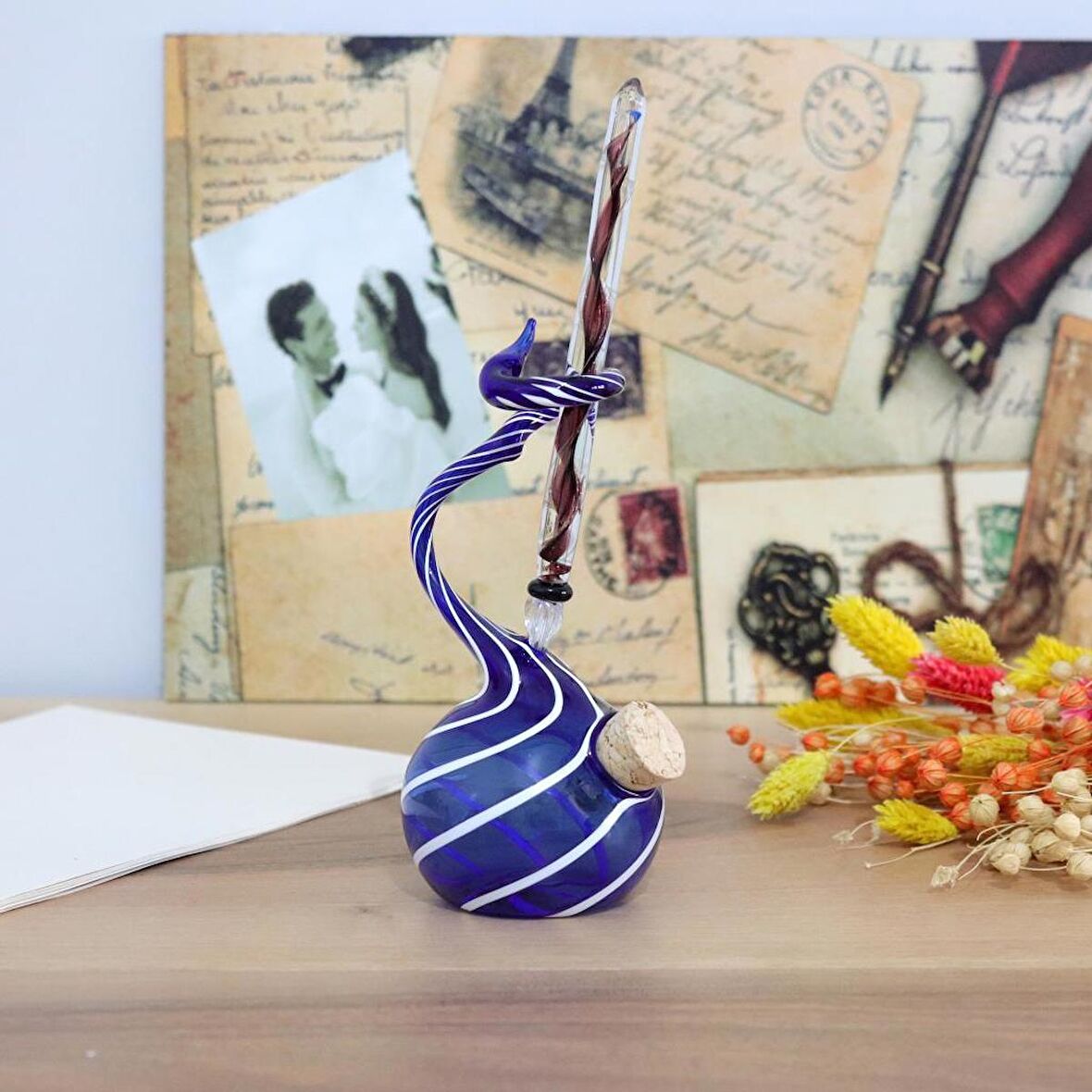 Veraart Kişiselleştirilmiş El Yapımı Murano Cam Ahşap Kutulu Cam Kalem Hokkalı Albert 104