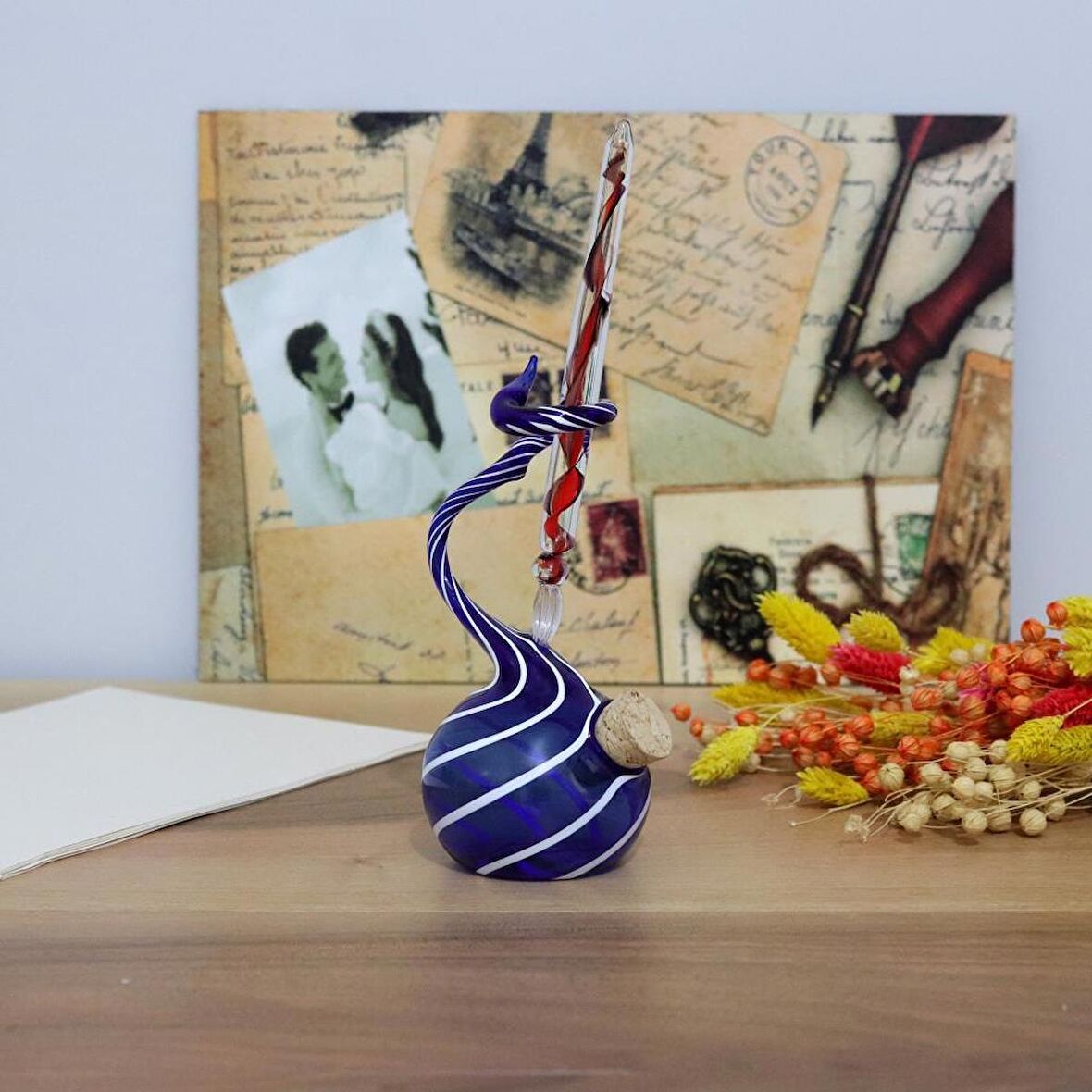 Veraart Kişiselleştirilmiş El Yapımı Murano Cam Ahşap Kutulu Cam Kalem Hokkalı Albert 108