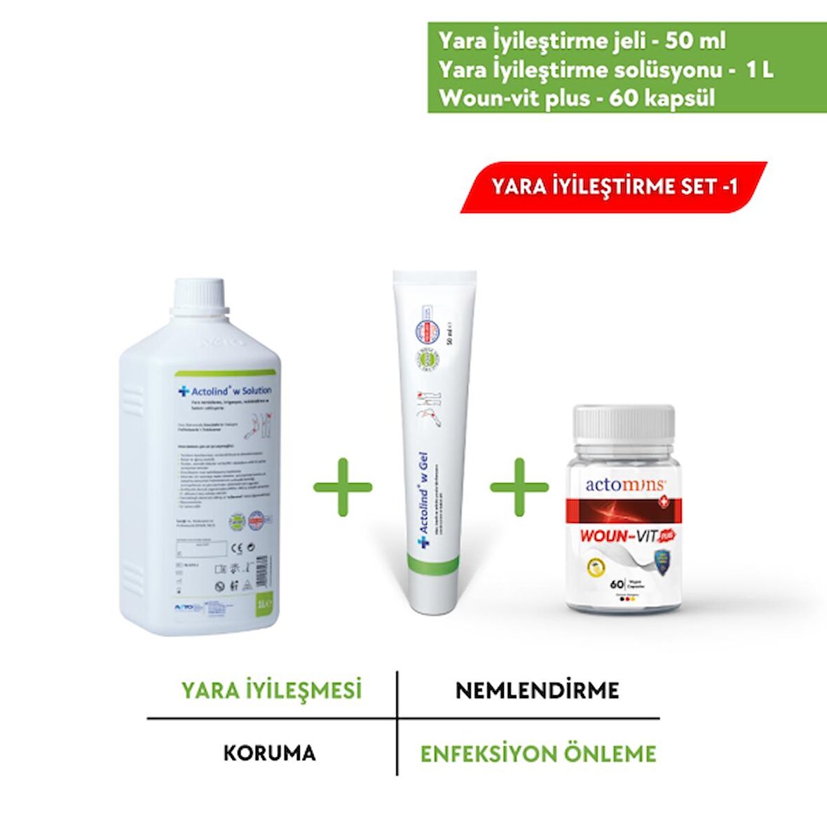 1 L Yara İyileştirme Solüsyonu + 50 ml Yara İyileştirme Jeli + Actomins® Woun-Vit Plus | 3'lü Set