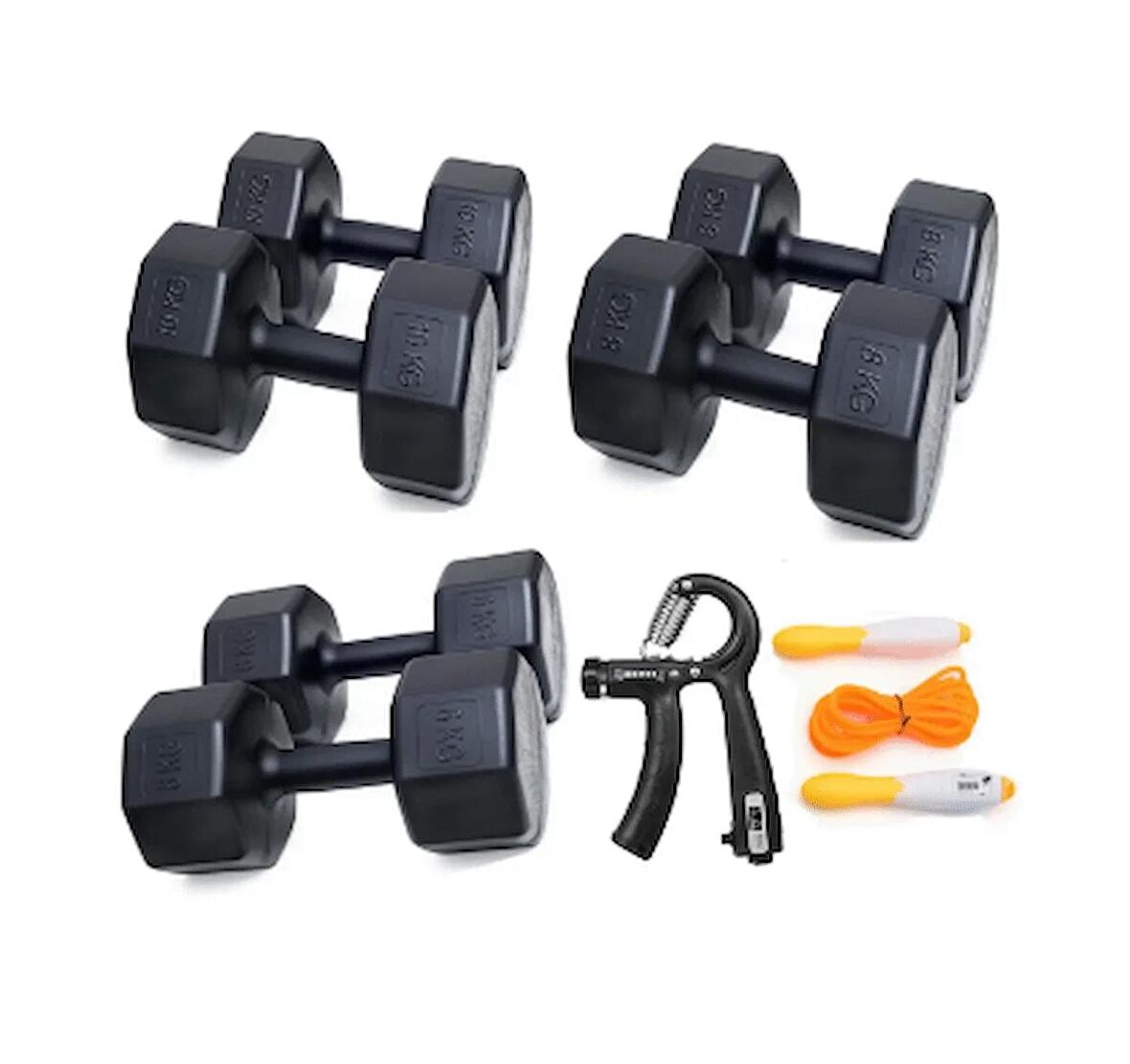 PS SPOR 3 ÇİFT DAMBIL SET 6 KG + 8 KG + 10 KG + SAYAÇLI AYARLANABİLİR EL YAYI + SAYAÇLI ATLAMA İPİ