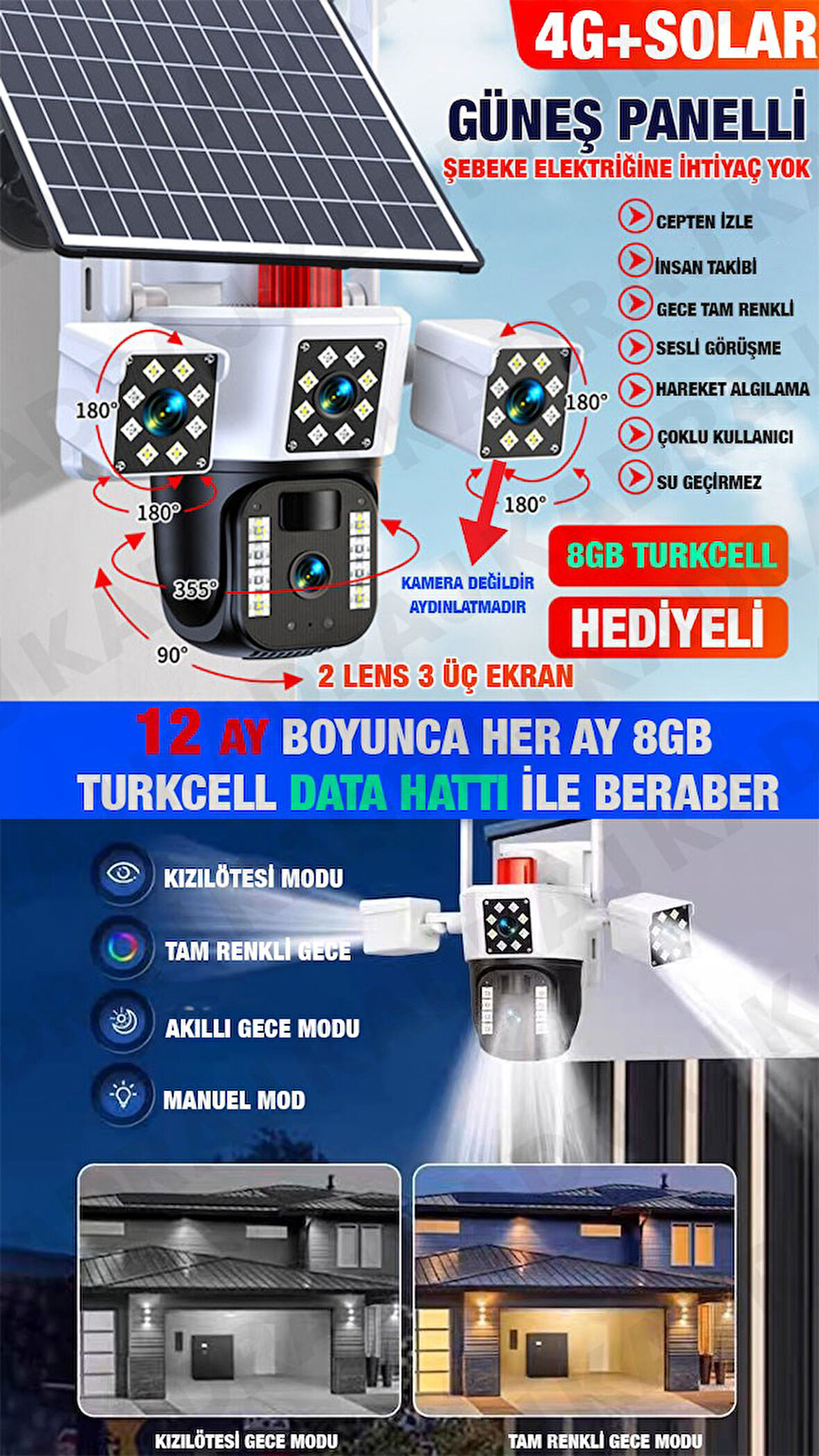 OKAM 3030 - GÜNEŞ PANELLİ | SIM KARTLI |  8GB DATA HATTI  | 128GB SD KART | 6MP | 2 LENS 3 EKRAN | 2