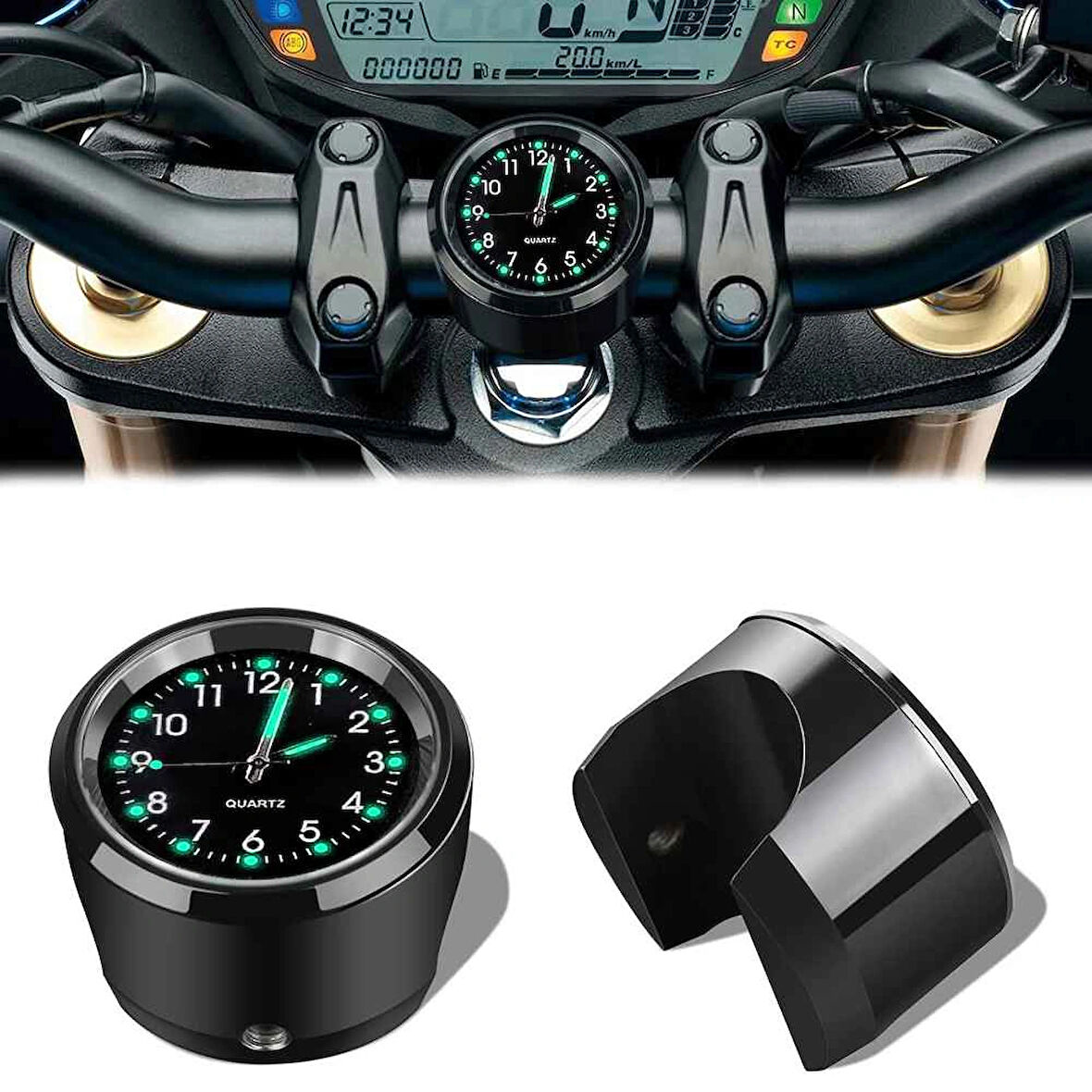 Evrensel Su Geçirmez Krom Bisiklet Gidon Saat Fosforlu Gösterge Motosiklet Saati Motor Aksesuarı