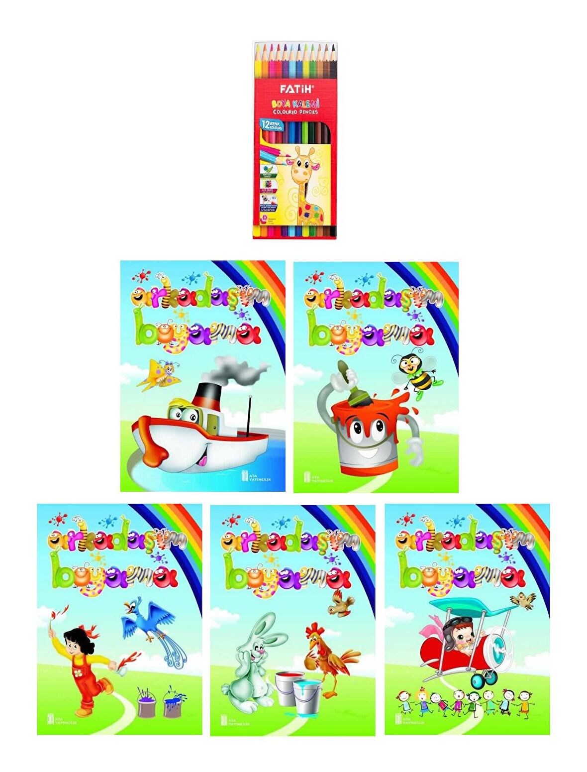 3-6 Yaş Arkadaşım Boyama Kitapları 5 li +Fatih 12 li Kuru Boya