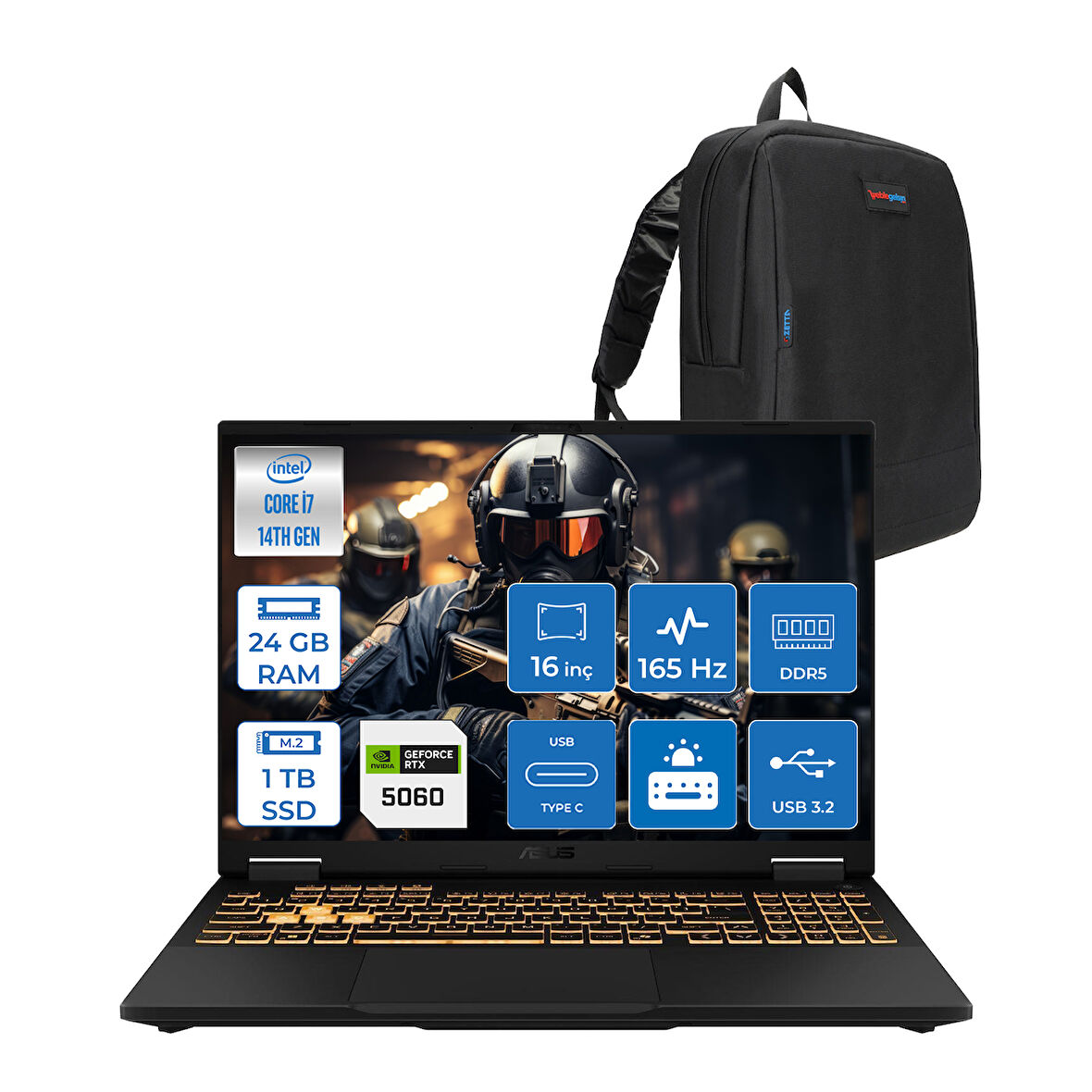 Asus Tuf Gaming F16 FX608JMR 14. Nesil Intel I7-14650HX 24GB Ddr5 1tb SSD 8GB/RTX5060 115W 165Hz 16"wuxga Fhd+ 300NITS IPS Freedos Gaming Bilg. WRV077F03+ZETTAÇANTA