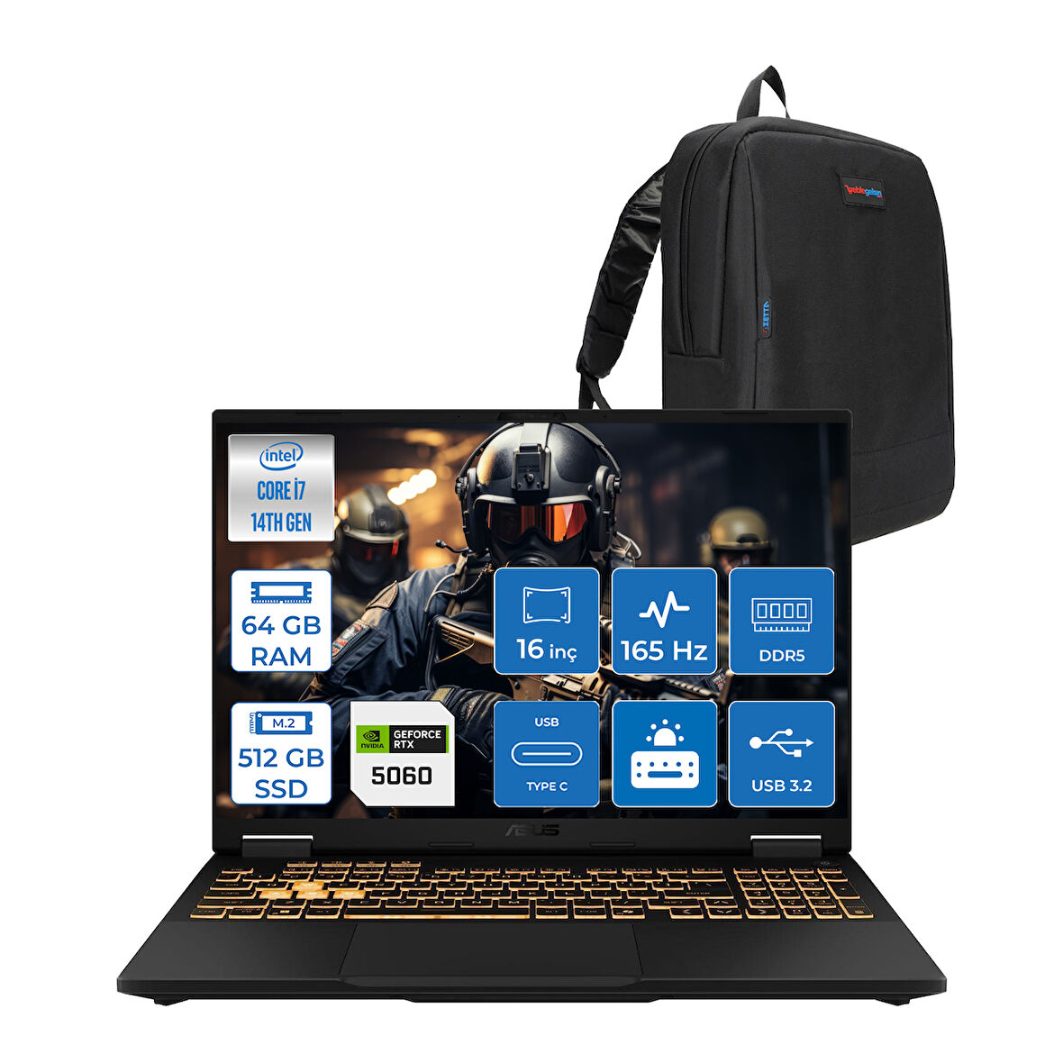Asus Tuf Gaming F16 FX608JMR 14. Nesil Intel I7-14650HX 64GB Ddr5 512GB SSD 8GB/RTX5060 115W 165Hz 16"wuxga Fhd+ 300NITS IPS Freedos Gaming Bilg. WRV077F17+ZETTAÇANTA