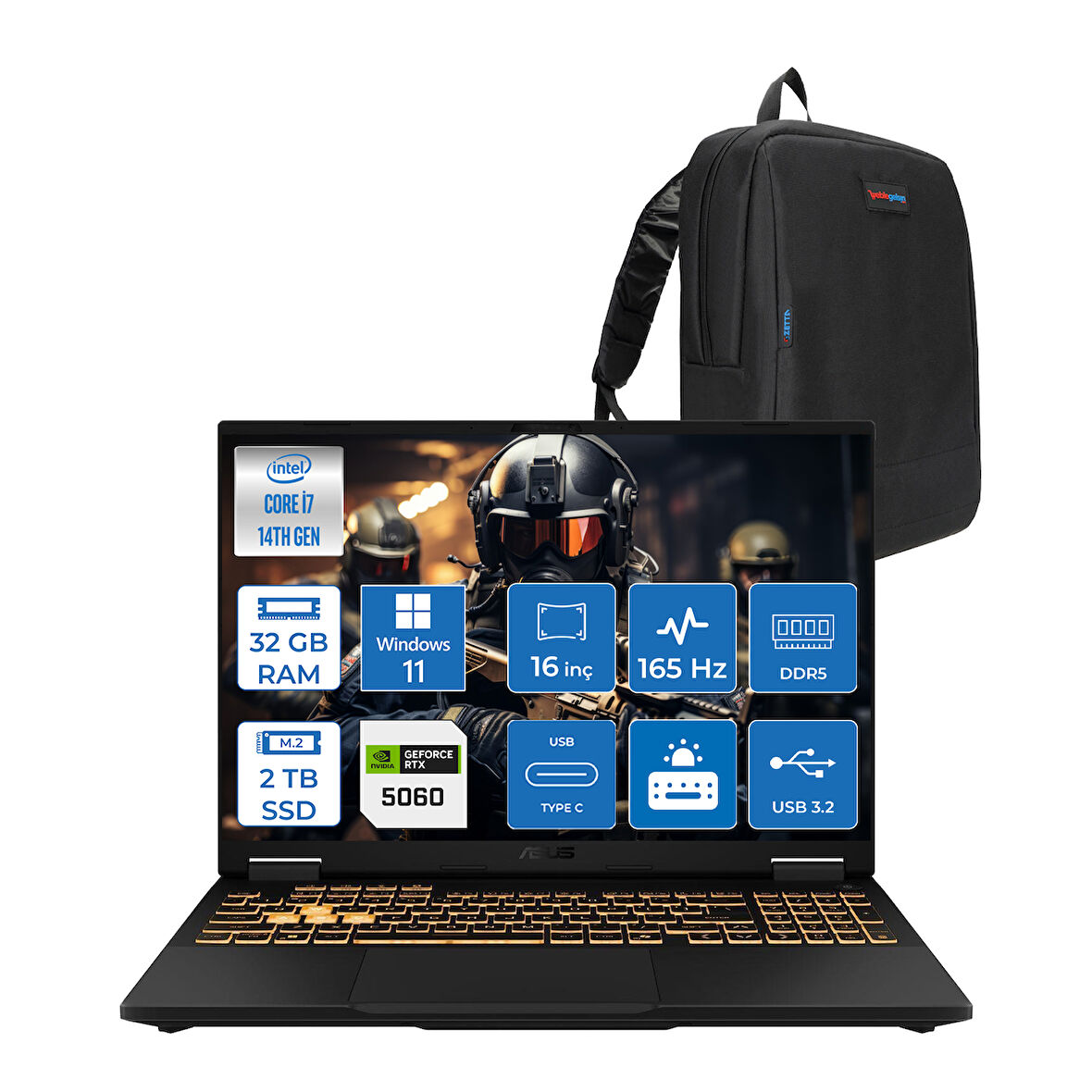 Asus Tuf Gaming F16 FX608JMR 14. Nesil Intel I7-14650HX 32GB Ddr5 2tb SSD 8GB/RTX5060 115W 165Hz 16"wuxga Fhd+ 300NITS IPS WIN11HOME Gaming Bilg. WRV077H09+ZETTAÇANTA