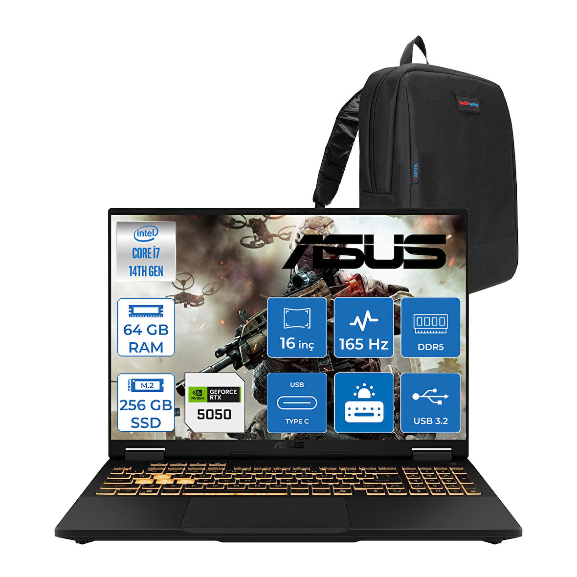 Asus Tuf Gaming F16 FX608JHR 14. Nesil Intel I7-14650HX 64GB Ddr5 256GB SSD 8GB/RTX5050 115W 165Hz 16"wuxga Fhd+ 300NITS IPS Freedos Gaming Bilg. WRV055F16+ZETTAÇANTA