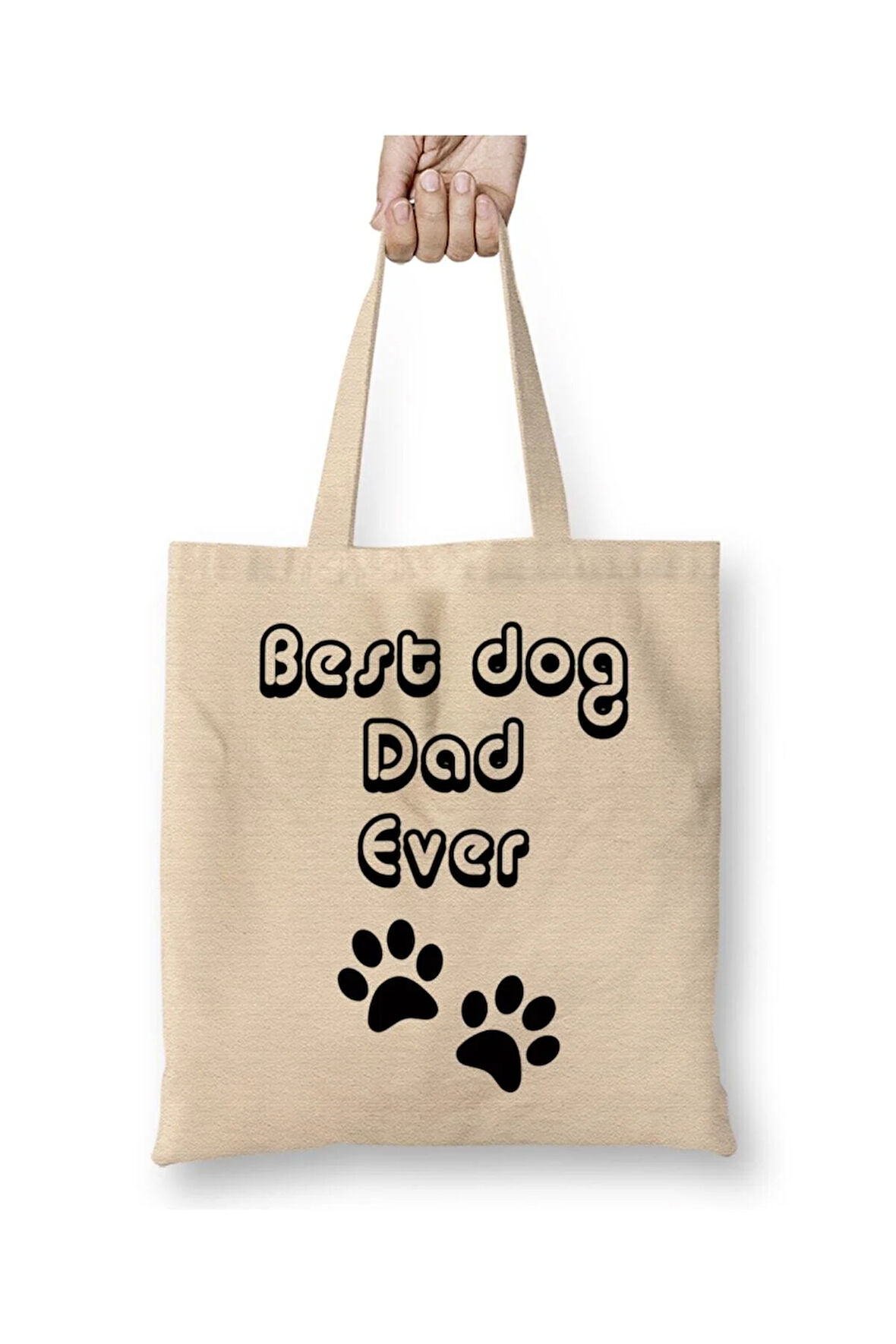Best Dog Dad Ever Beyaz Bez Çanta Uzun Saplı Alışveriş Çantası Plaj Çantası