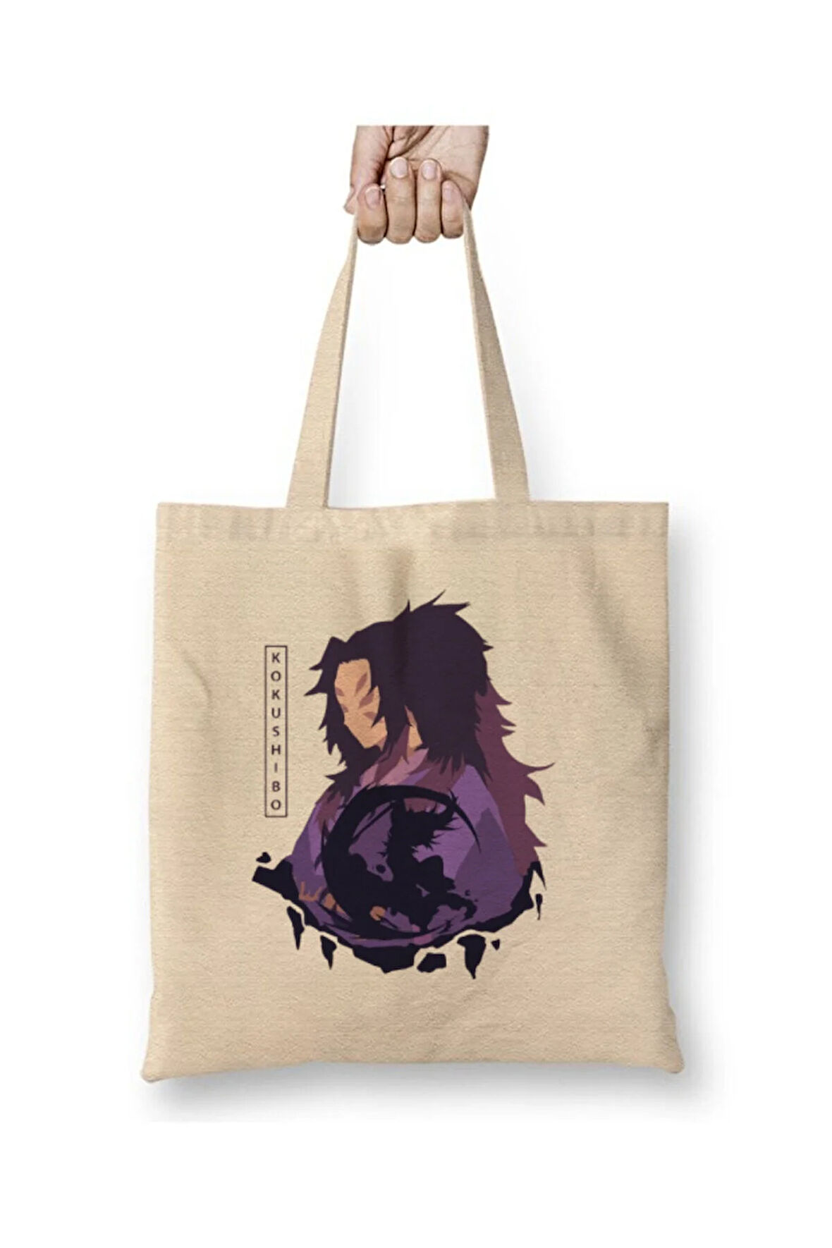 Demon Slayer Kokushibo Beyaz Bez Çanta Uzun Saplı Alışveriş Çantası Plaj Çantası