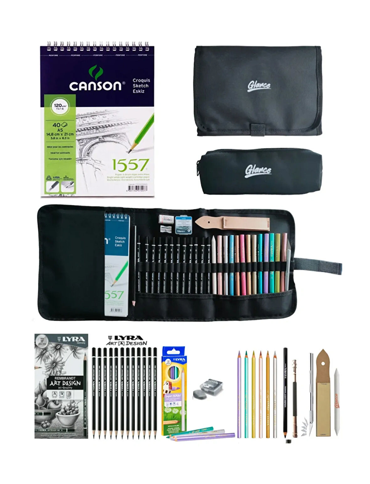 Canson A5 Eskiz Lyra Art Design Dereceli Kalem Metalik Kuruboya Cepli Siyah Kalemlik 24 bölmeli Set 