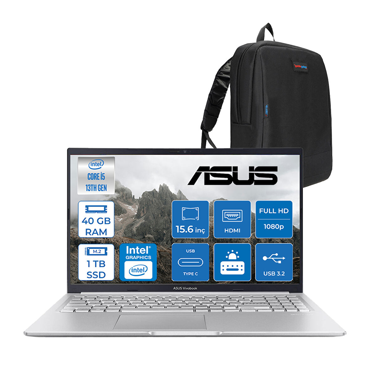 Asus Vivobook 15 X1502VA Intel Core I5 13420H 40GB 1tb SSD Freedos 15.6" Fhd Taşınabilir Bilgisayar WNJ870F18+ZETTAÇANTA