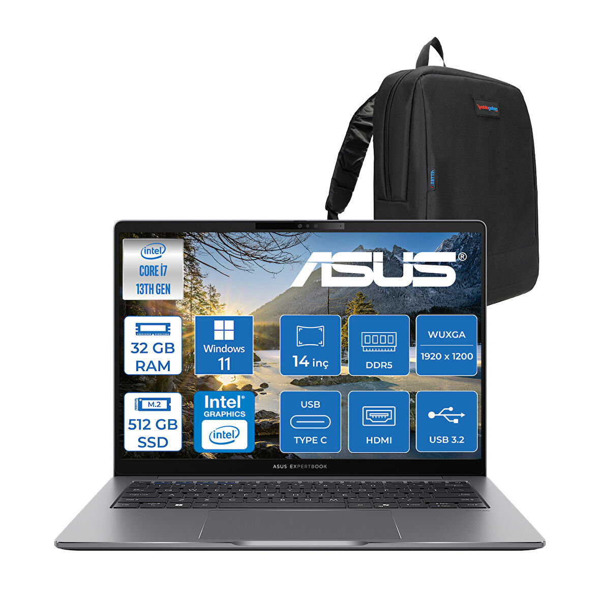 Asus Expertbook P3 P3405CVA Intel Core I7-13620H 32GB Ddr5 512GB SSD Windows 11 Pro 14" 300NITS Wuxga Intel UHD Taşınabilir Bilgisayar WP3405CVAP012+ZETTAÇANTA