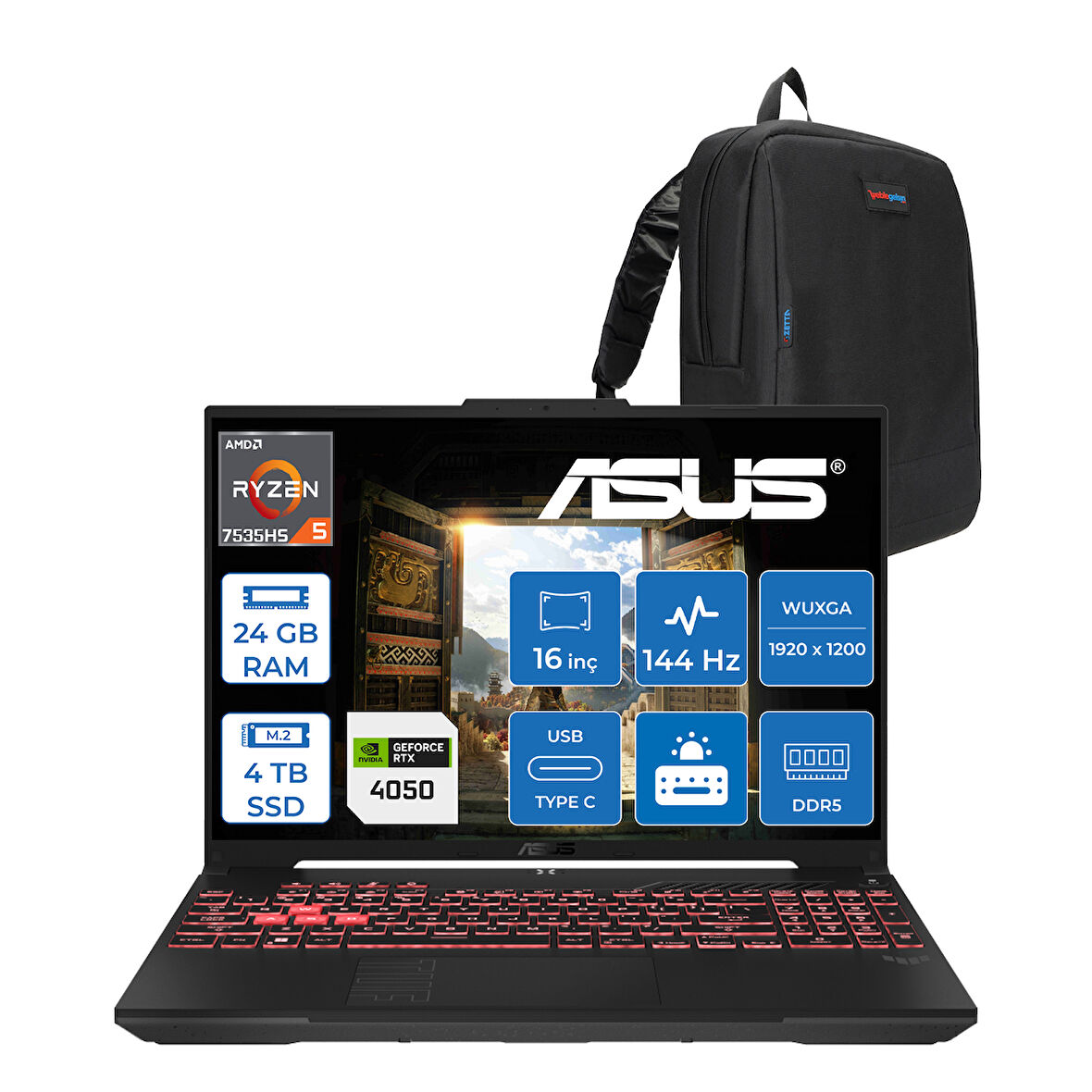 Asus Tuf A16 FA607NU Amd Ryzen™ 5 7535HS 24GB Ddr5 4tb SSD 6GB/RTX4050 140W 16" FHD+(1920 x 1200, Wuxga) 144Hz Freedos Laptop WRL095F08+ZETTAÇANTA