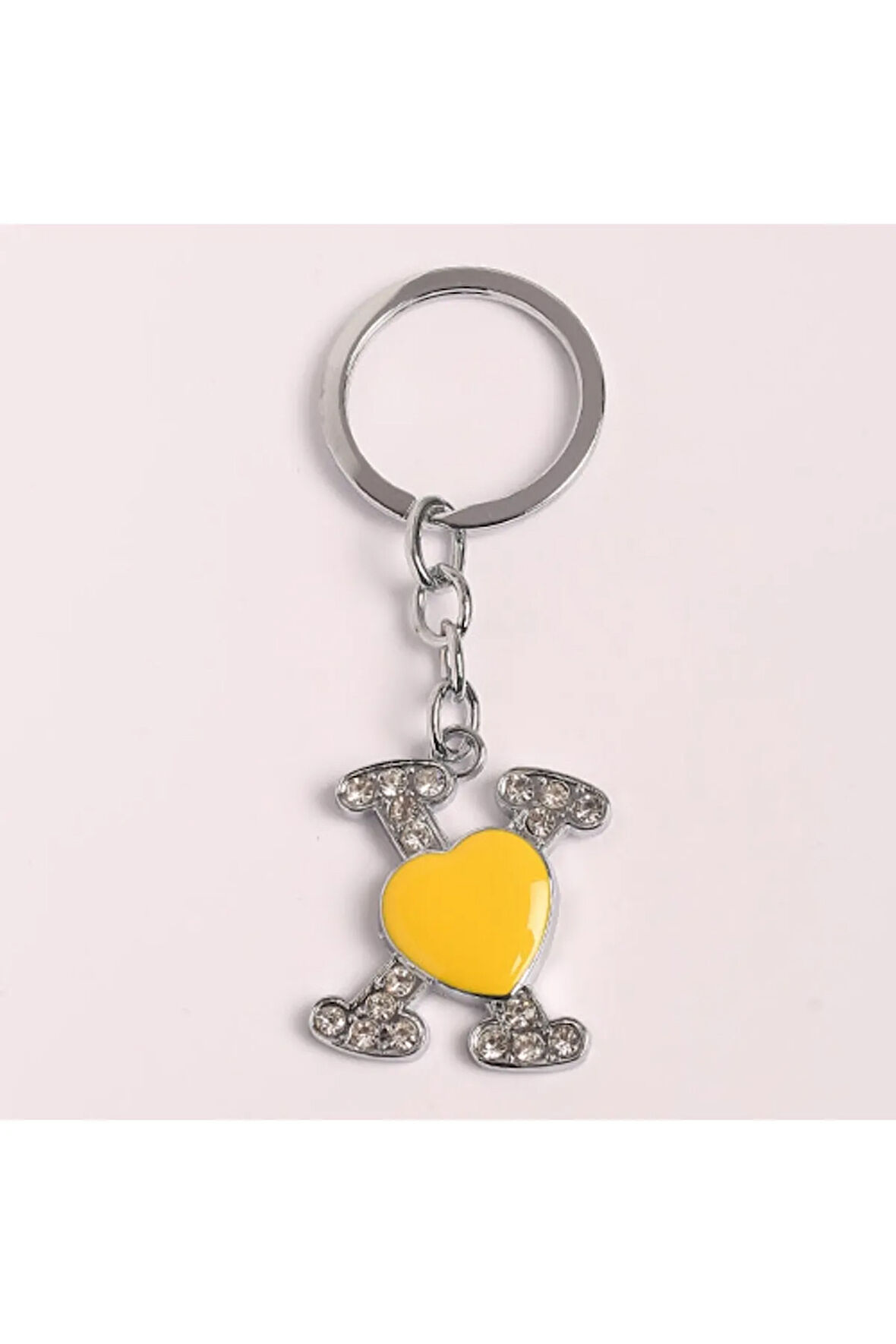 Sarı Kalpli Taşlı Tasarım Çelik Anahtarlık