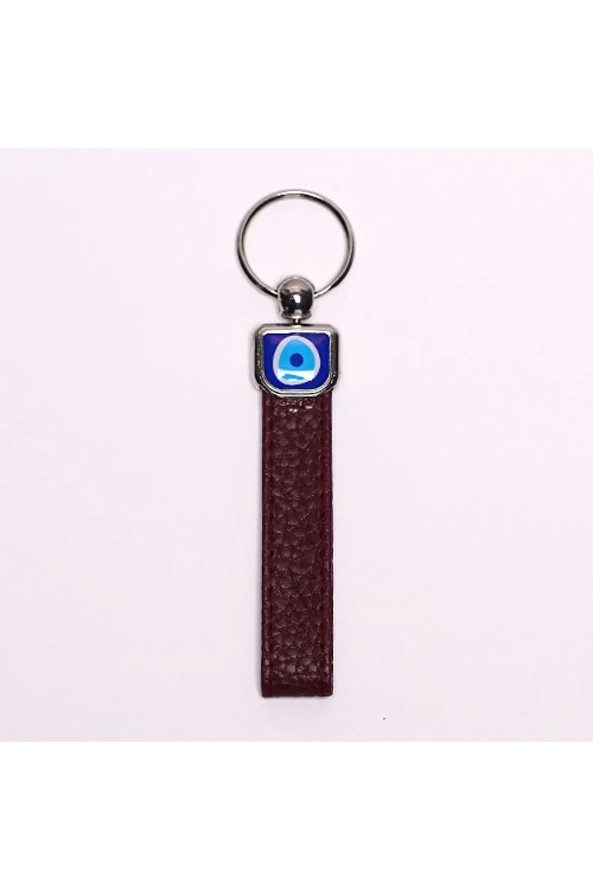 Koyu Kahverengi Deri Nazar Boncuklu Çelik Anahtarlık