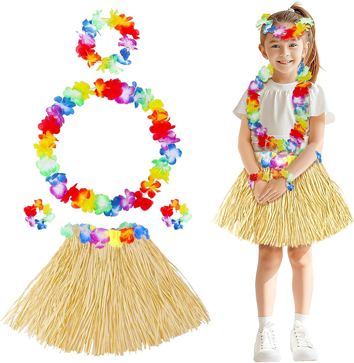 samur parti parti aksesuar & kostüm Yetişkin Çocuk Hawaii Parti Seti - 40 cm Naturel Etek + Çiçek Aksesuarlar (5 Parça)