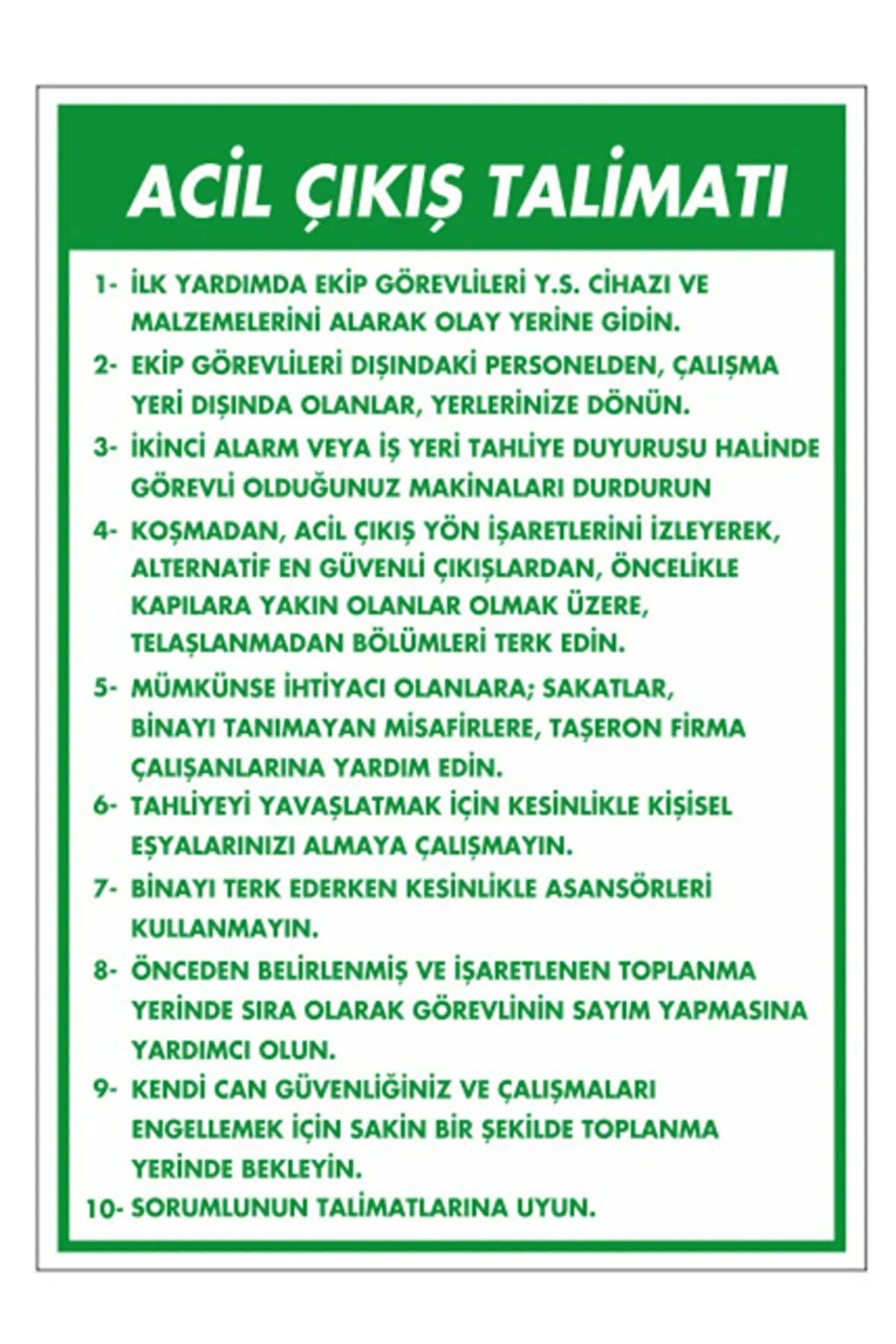 Acil Çıkış Talimatı Uyarı Levhası
