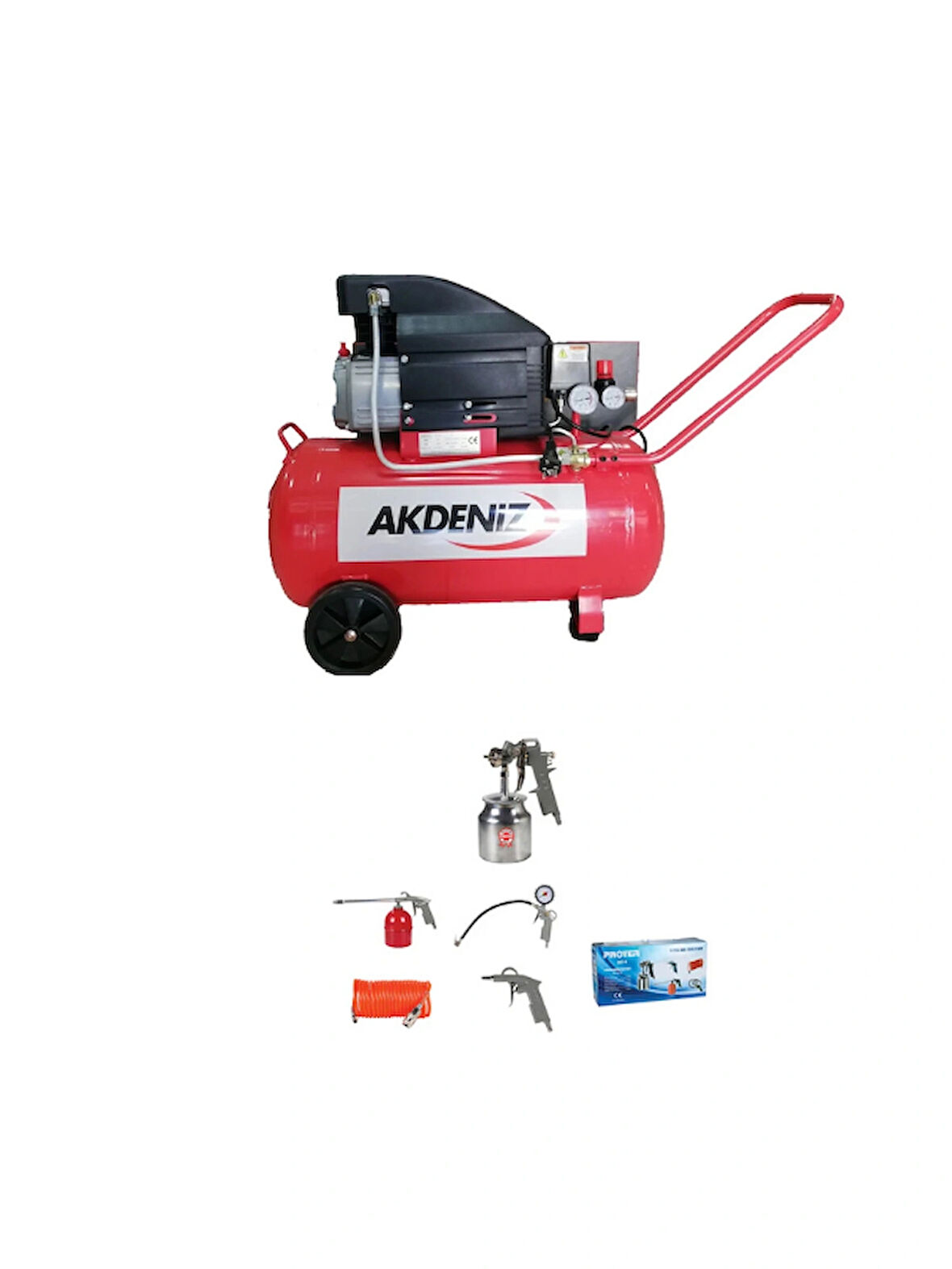 Akdeniz 2 HP 50 LT Hava Kompresörü 8 Bar+Hava Kompresör Seti 5 Parçalı 5 parça
