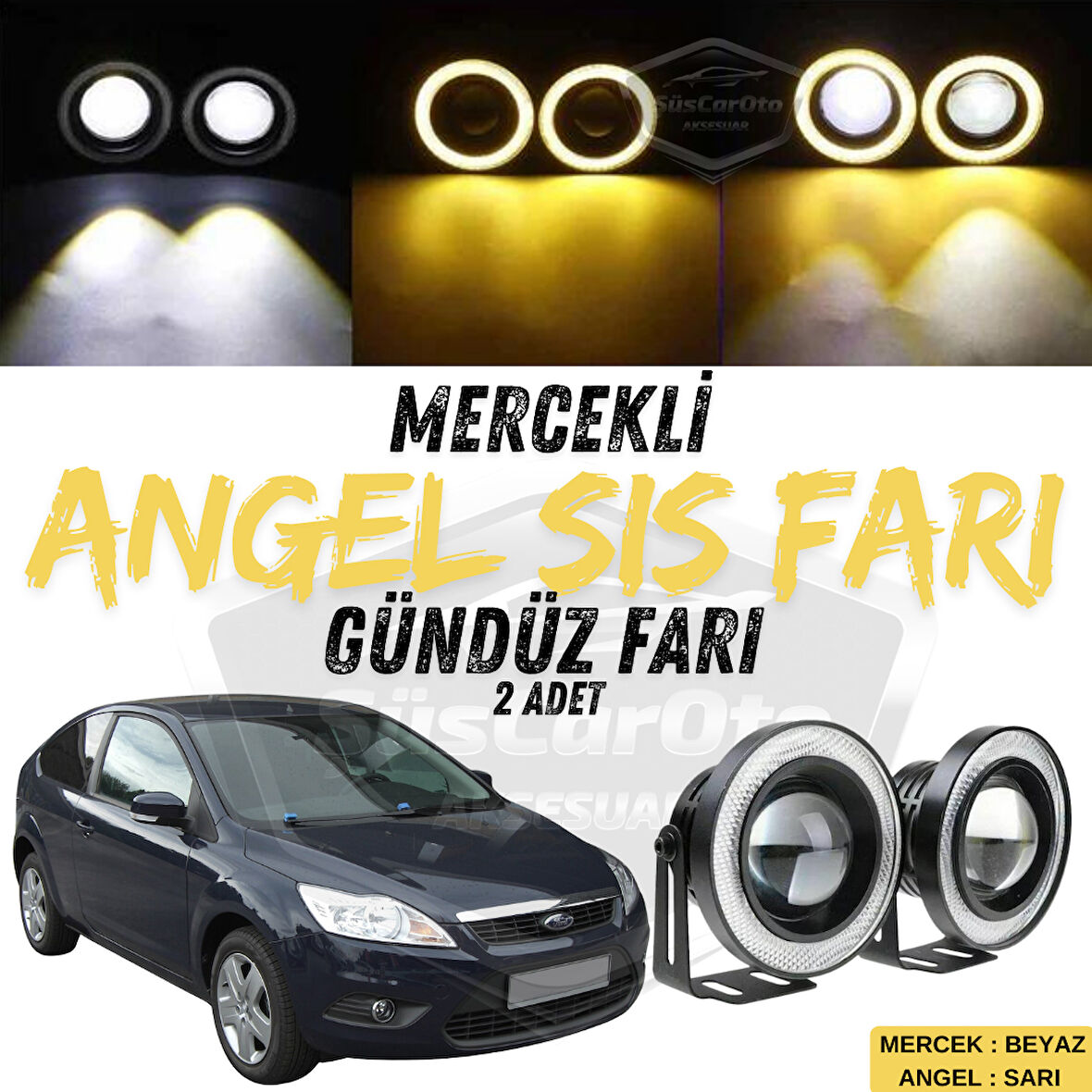 Ford Focus 2.5 2009-2011 Uyumlu Üniversal Mercekli Angel Sis Farı Metal Su Geçirmez 76 mm Sarı Halkalı Gündüz Farı Angel Eyes 2 Adet