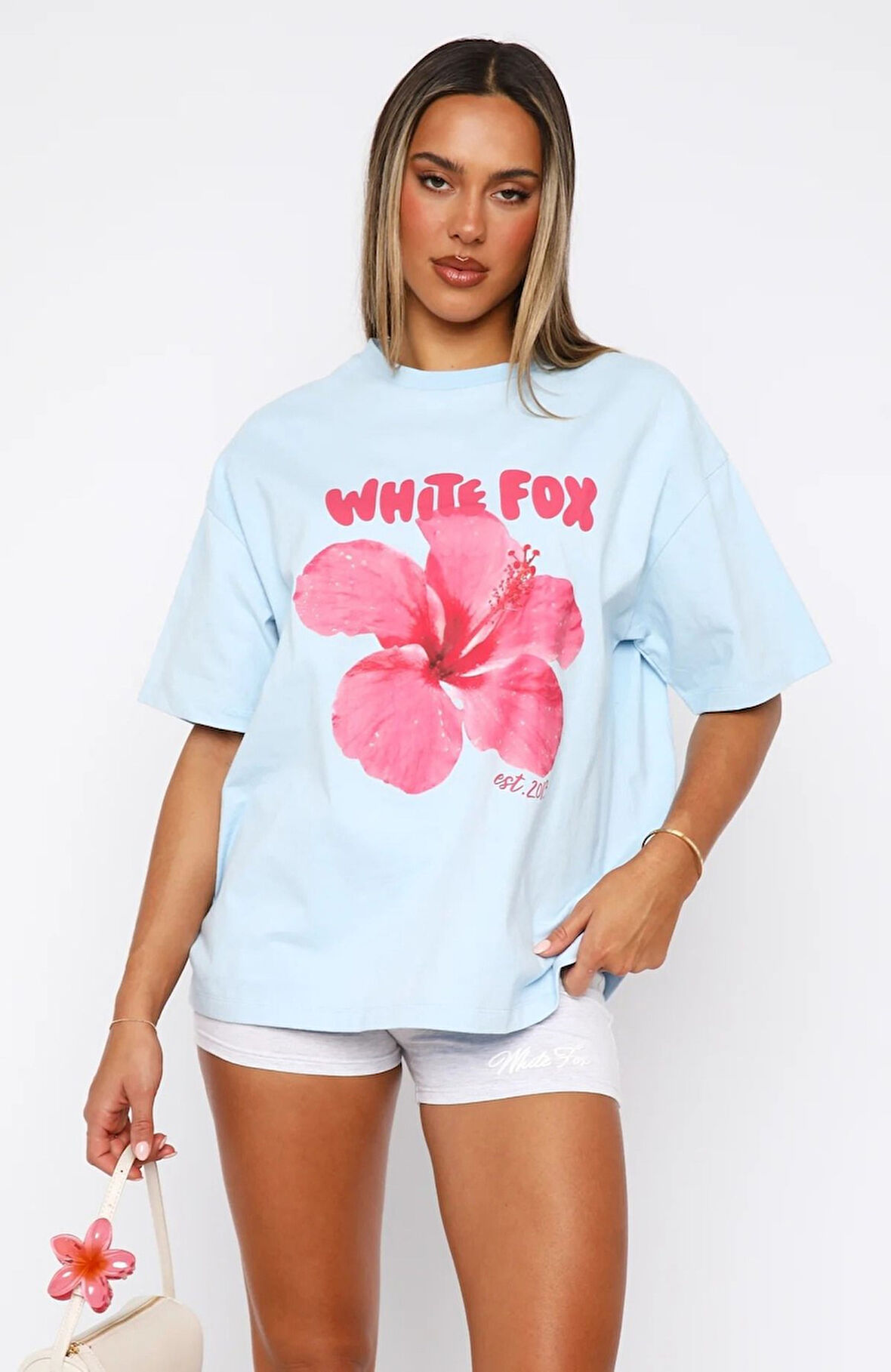 Hibiscus Çiçek Baskılı White Fox Kadın Tişört Günlük Rahat Kesim