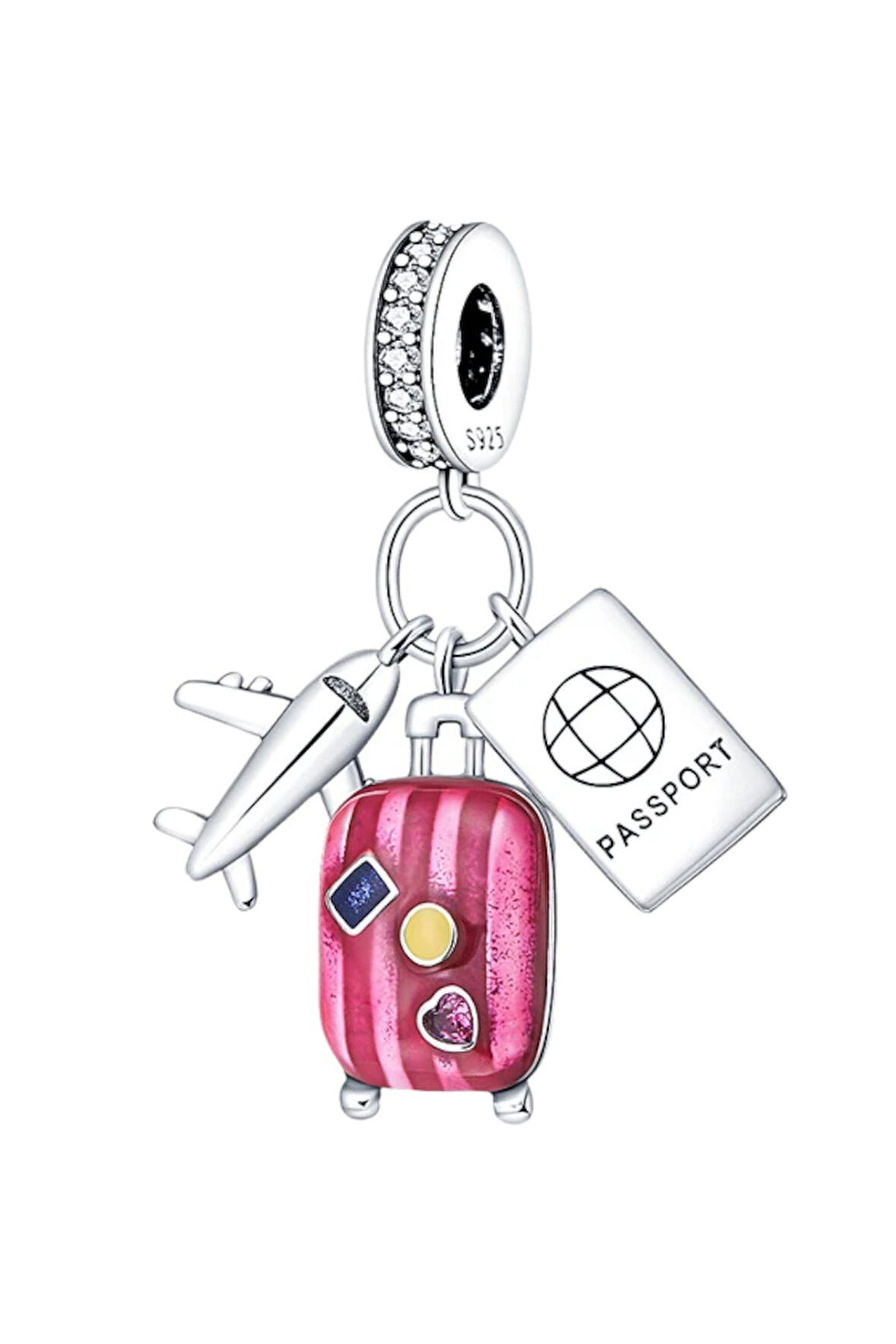 Uçak, Pembe Bavul ve Pasaport Charm | 925 Ayar Gümüş