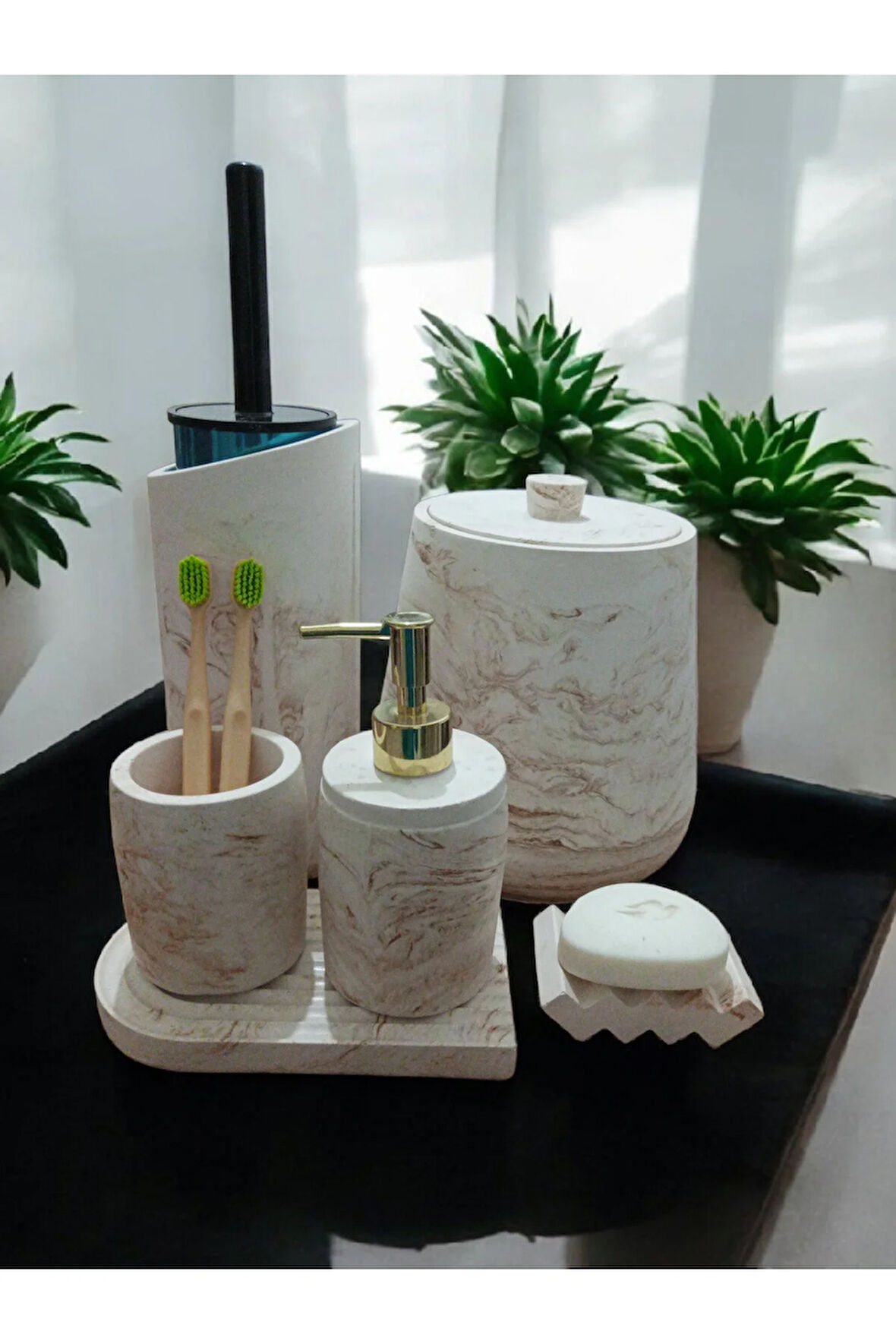 Mermer Serisi Beton Banyo Seti,Çöp Kovasi,Tuvalet Fırçası Takimı,Tepsi,Sıvı ve Katı Sabunluk,