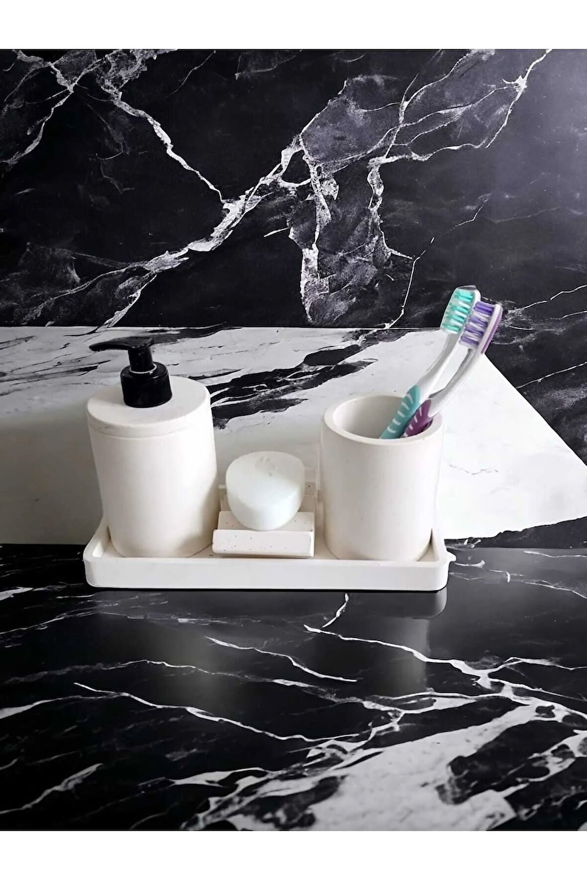 4'lü Kırık Beyaz Banyo Seti , Sıvı Sabunluk Diş Fırçalığı Beton Aksesuar Takım