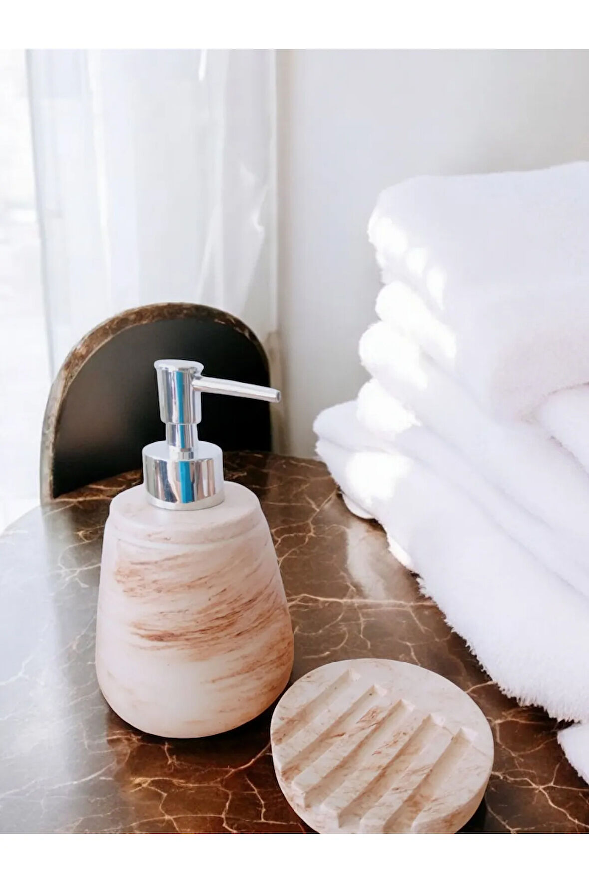 Marble Bej Serisi  Sıvı ve Katı Sabunluk Seti
