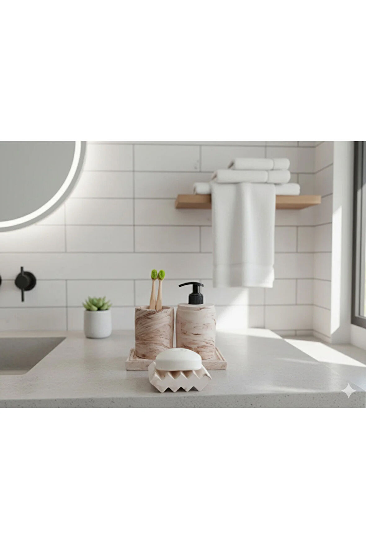 3'lü Bej Mermer Desen Banyo Seti ,sıvı Sabunluk Diş Fırçalığı Beton Aksesuar Takımı