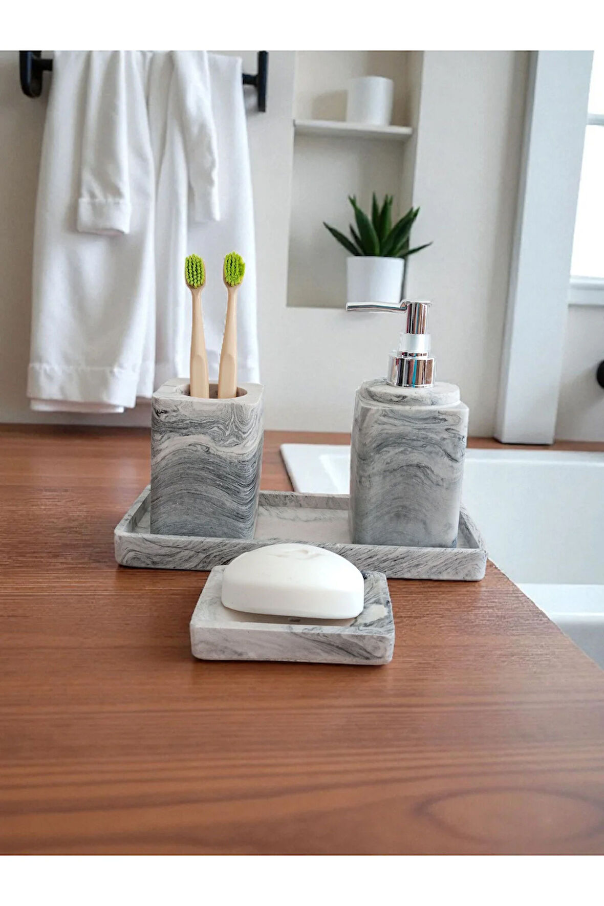 4'lü Mermer Desen Banyo Seti , Sıvı Sabunluk Diş Fırçalığı Beton Aksesuar Takım