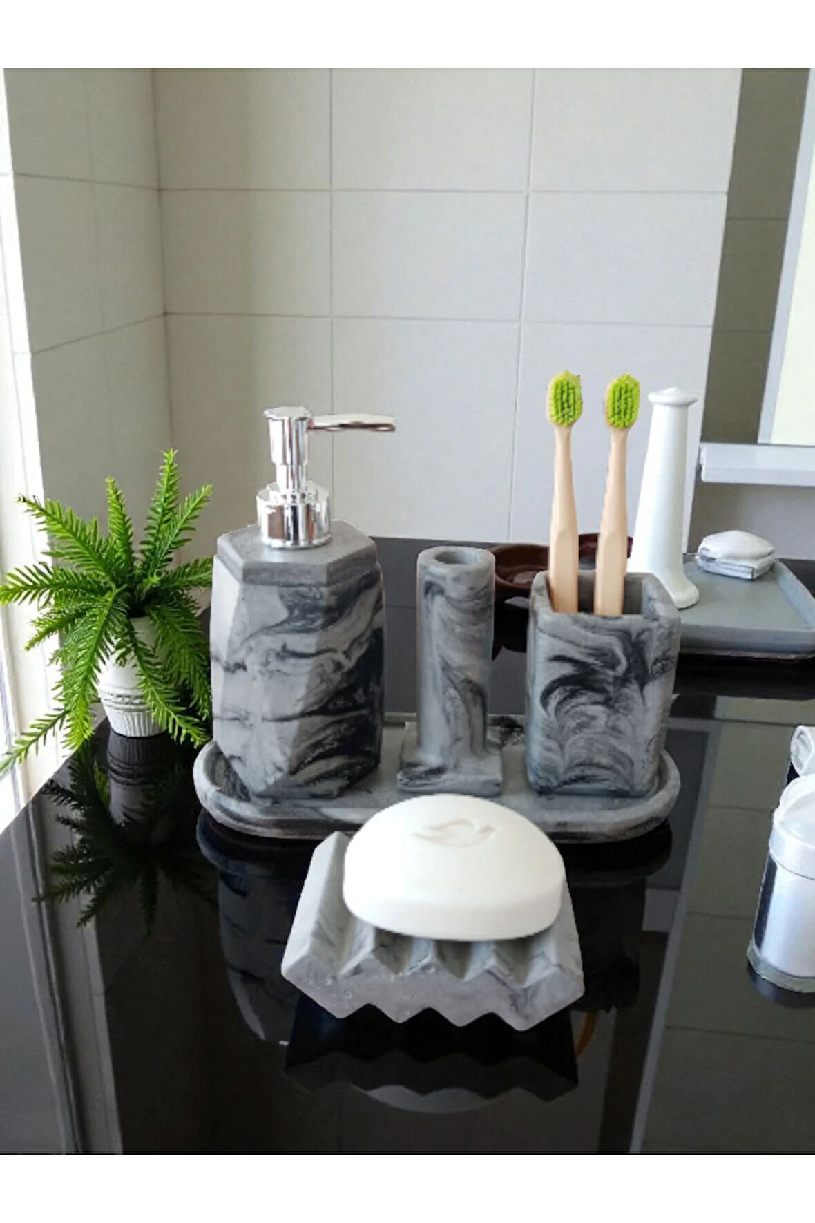 5'li Antrasit Desenli Görünümlü Banyo Seti Tuvalet Wc Sıvı Sabunluk Diş Fırçalığı Beton Antrasit