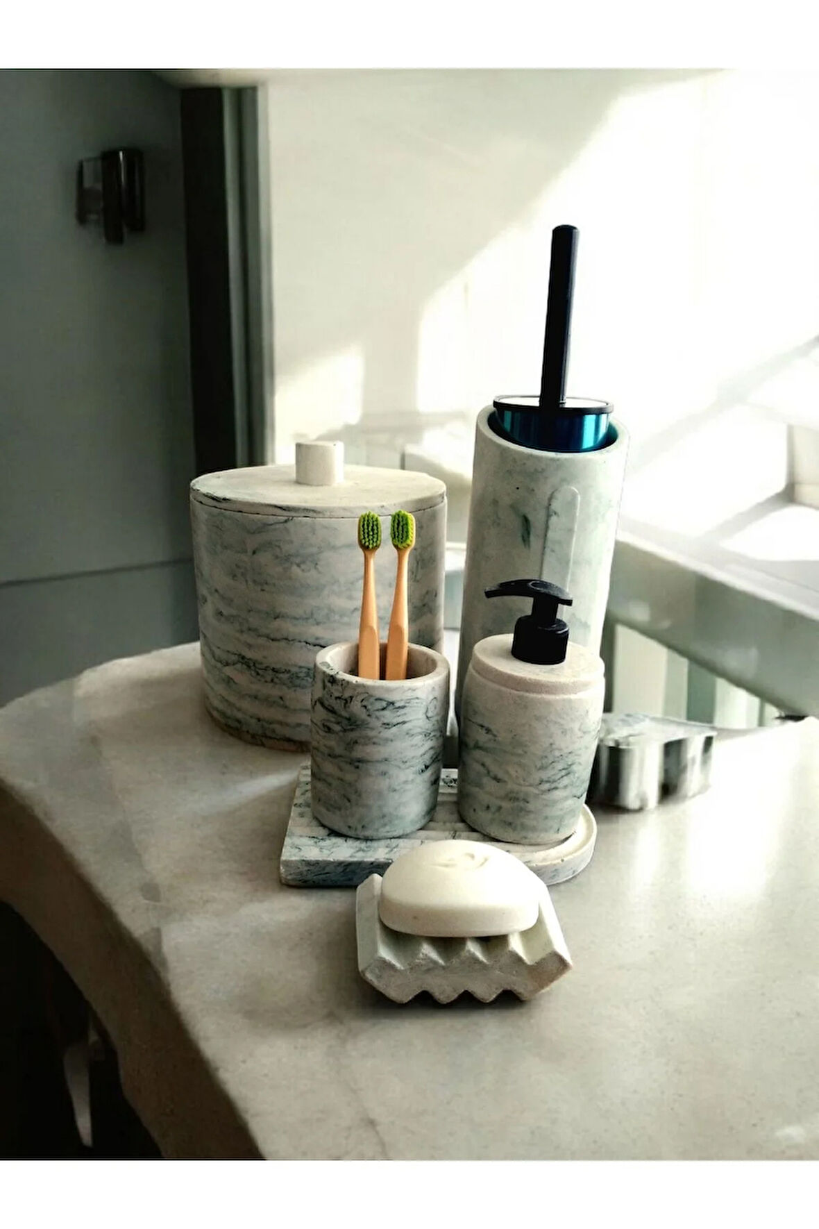 Yeşil Mermer Desen Beton Banyo Seti,Çöp Kovasi,Fırçalık,Katı,Sıvı Sabunluk,Diş Fırçalık,Mumluk