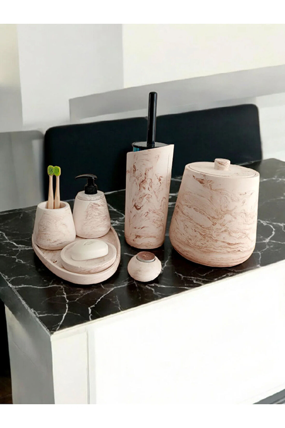 Mermer Desen Bej Beton Banyo Seti,Tuvalet WC,Çöp Kovası,Katı,Sıvı Sabunluk,Tepsi,Dekorasyon,Aksesu