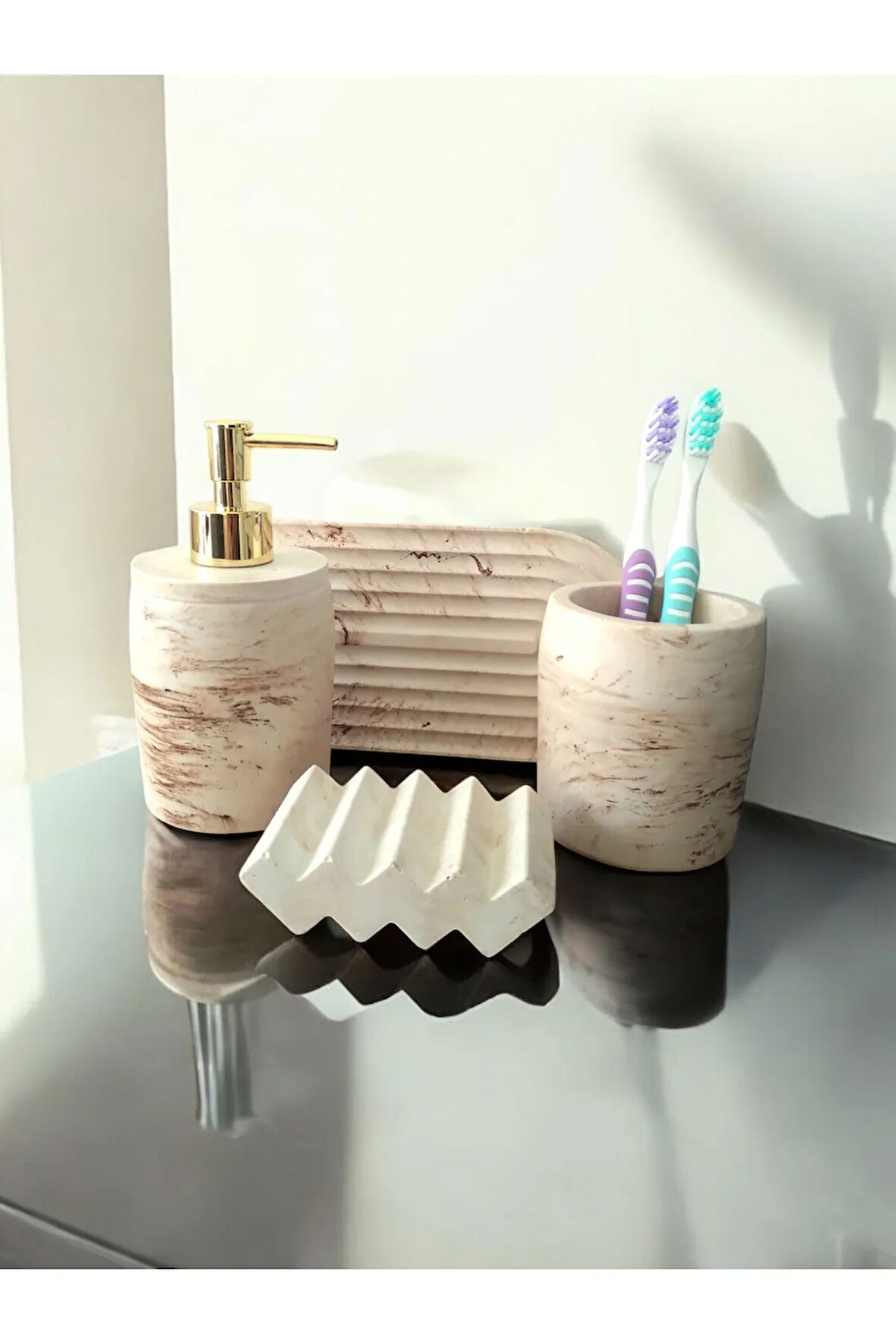Marble Serisi  Bej Sıvı Sabunluk Ve Diş Fırçalık Seti