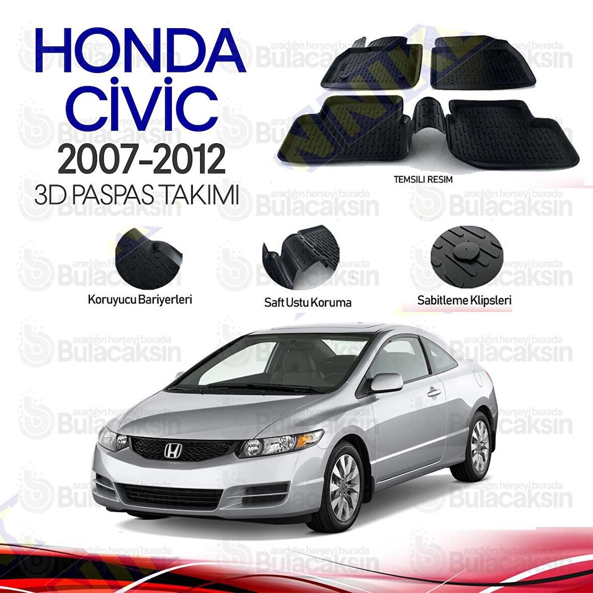 Honda Civic 2007 - 2012 3D Havuzlu Oto Paspas Takımı