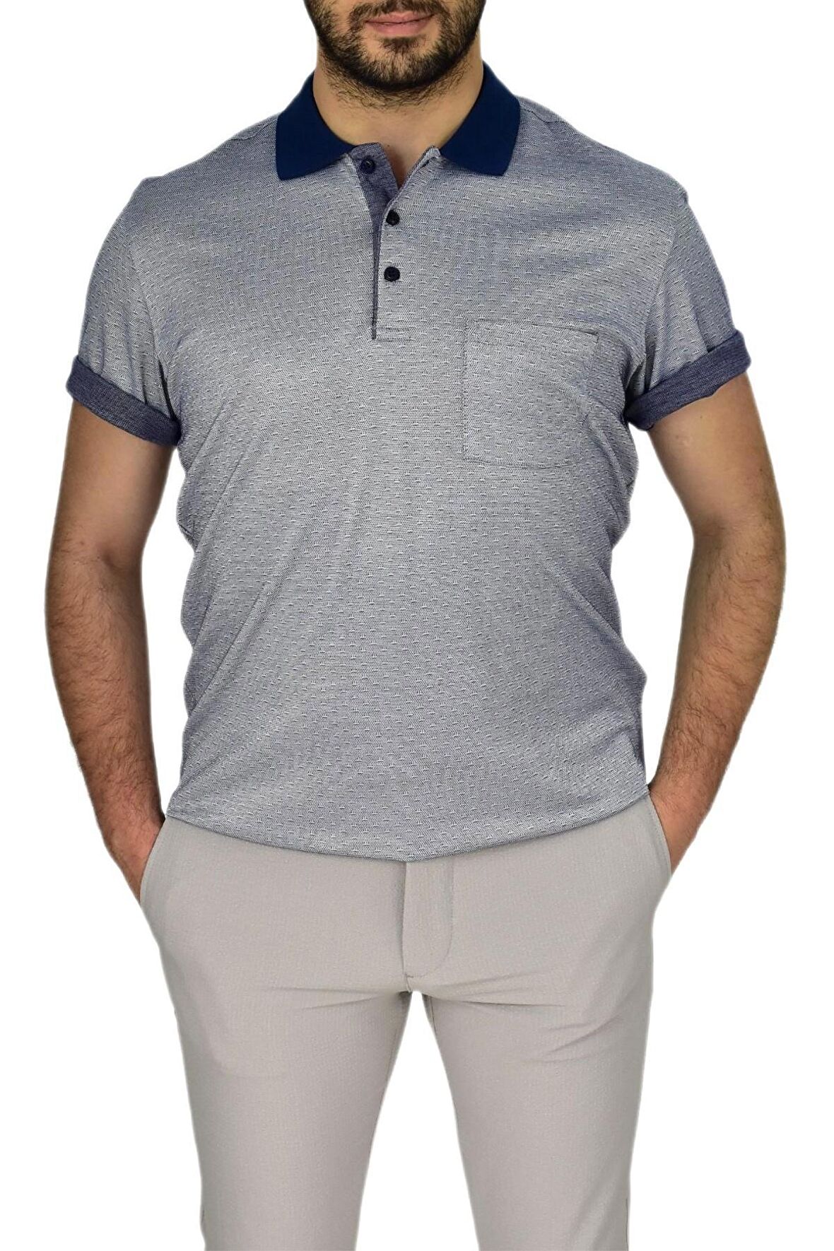 Erkek Polo Yaka Jakarlı Cepli Tişört R7520 BGL-ST03793