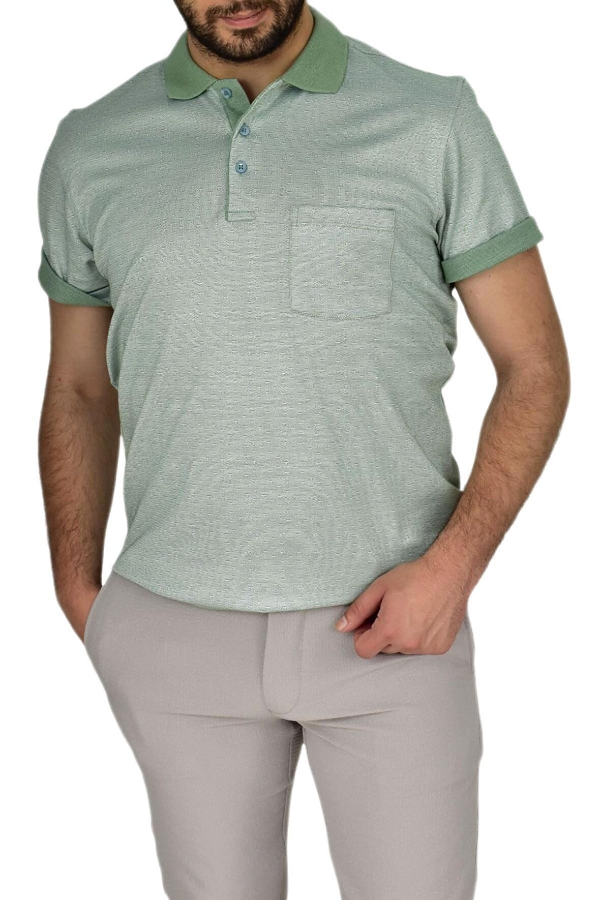 Erkek Polo Yaka Jakarlı Cepli Tişört R7520 BGL-ST03793
